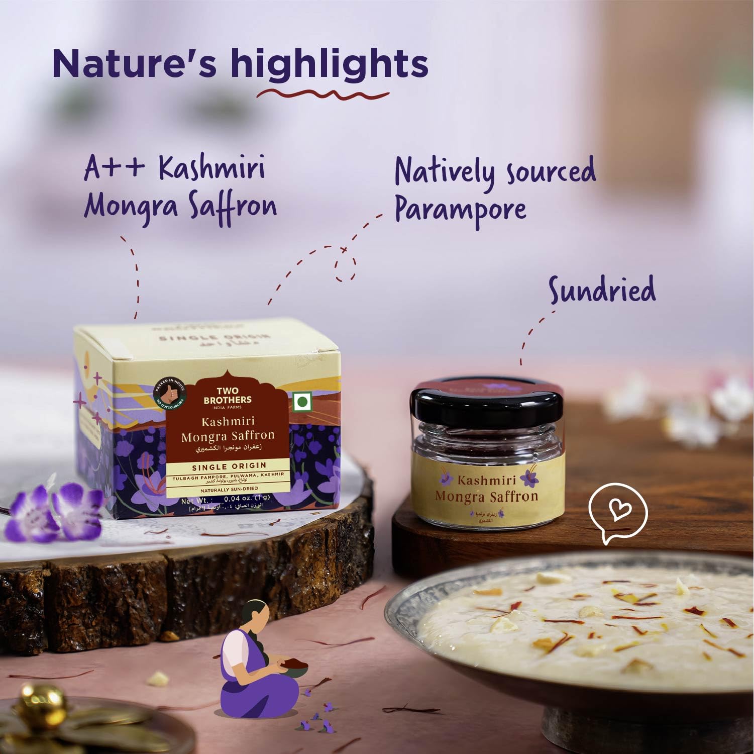 TWO BROTHERS ORGANIC FARMS Safran Kashmiri Mongra (1 g) | Premium, récolté à la main et séché au soleil | Arôme riche, stimule l'immunité, aide à la digestion et améliore la santé de la peau