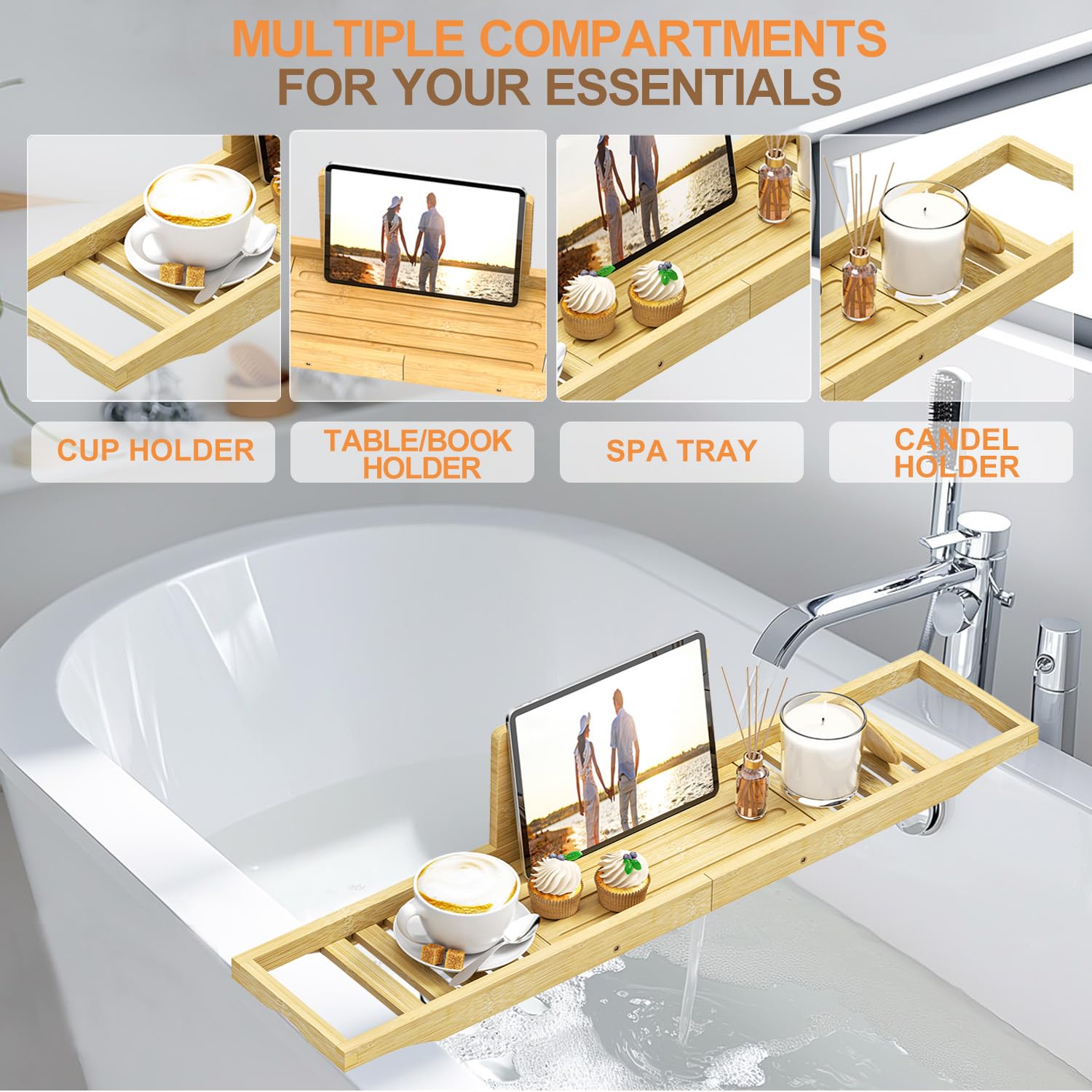Bathtub Tray Caddy - Bamboo Bath Table -3