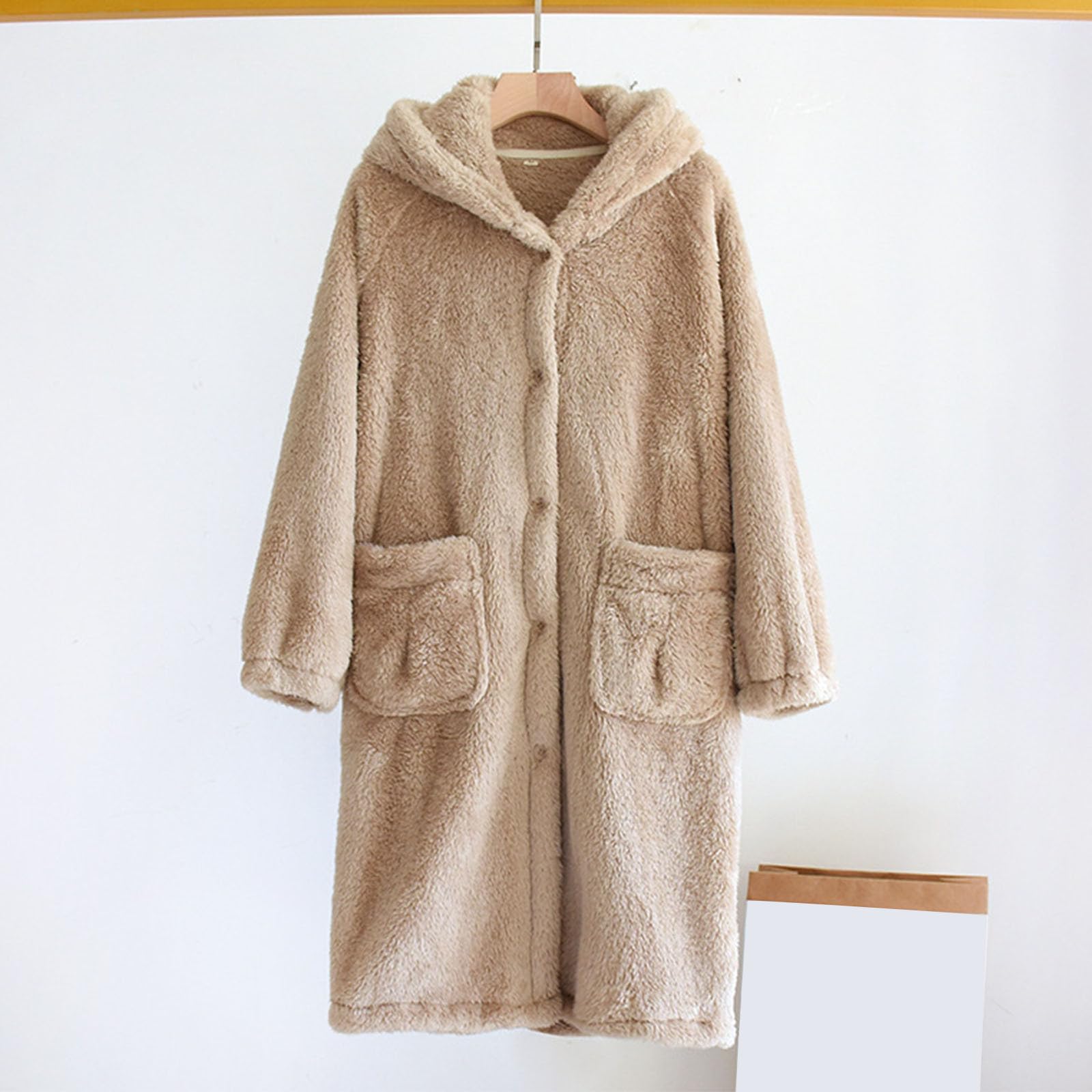 HAOLEI Bata Mujer Invierno,Albornoz de Rizo con Capucha para Mujer Bata Larga de Forro Polar de Doble Cara Casual Sueltos Batas Manga Larga con Bolsillos Suaves y Cómodos Camisón de Franela