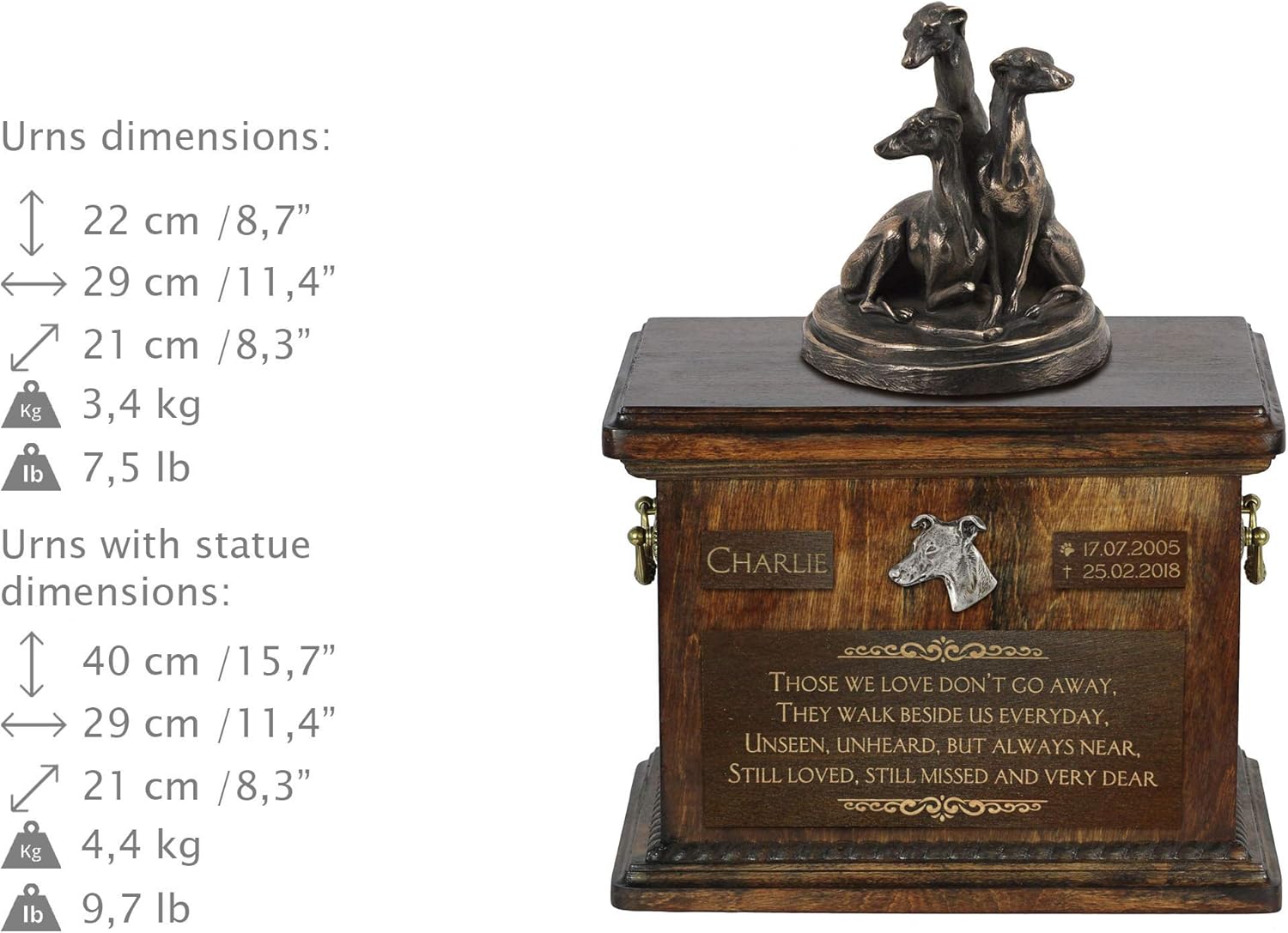 Art-Dog Custom Dog Sitting Statue Memorial Urn - Handmade Cold Cast Bronze on Birch Base – Sturdy and Stylish Urn for Dog’s Ashes – 8.3x11.4x8.7 – 5l – Whippets