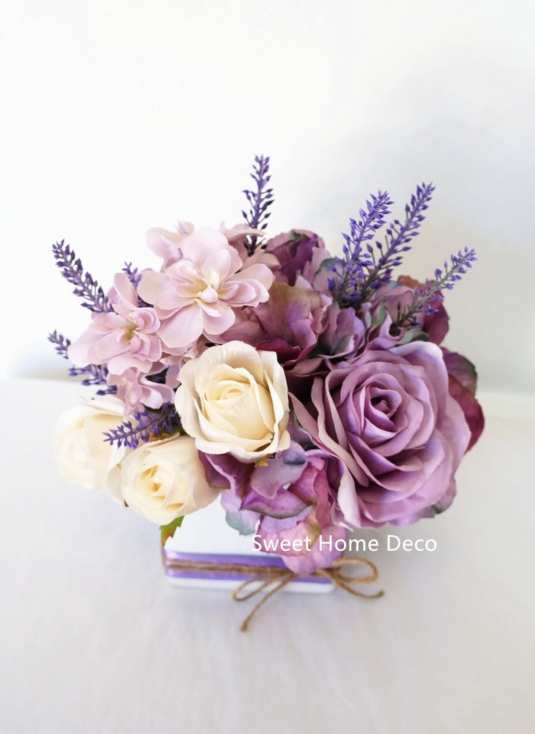 Silk Mixed Floral Rustic Wedding Bouquet in Lavender Purple Ivory Bridal Bouquet Bridesmaid Bouquet Boutonniere (8''T Lavender Arrangement)