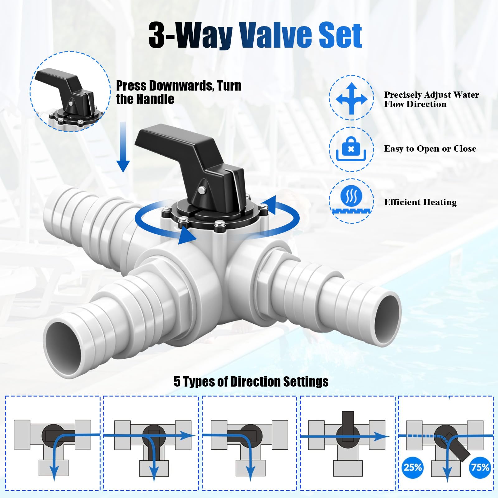 Bypass Kit Piscine 12 Pièces, Kit de Dérivation avec Vanne 3 Voies, 32/38 mm Raccordement, Adaptateur ABS, 6 Colliers INOX, pour Vanne Piscine, Chauffage Solaire, Pompe à Chaleur