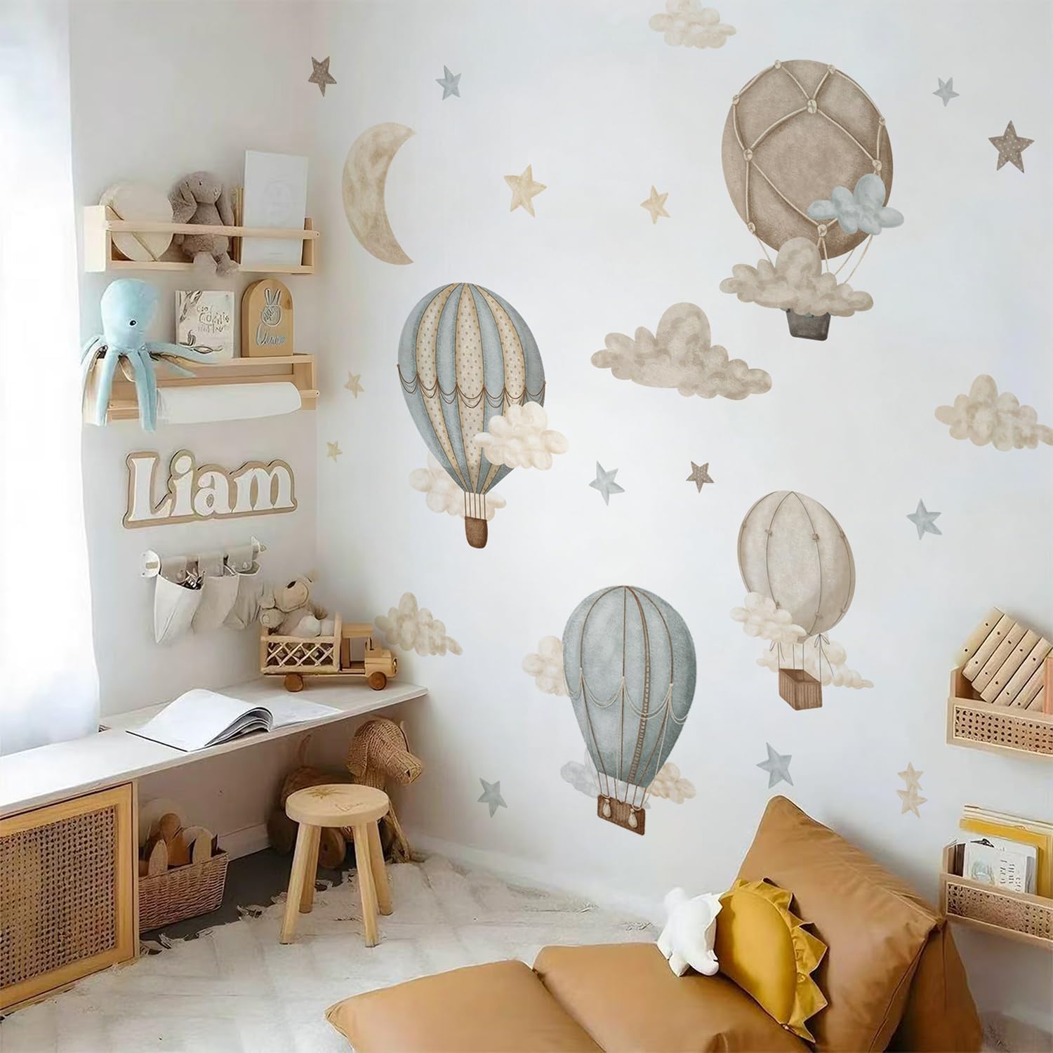Watercolor Hot Air Balloon Fabric wall Sticker Peel and Stick Stars Clouds Decals for Baby Nursery Kids Bedroom Playroom Decor