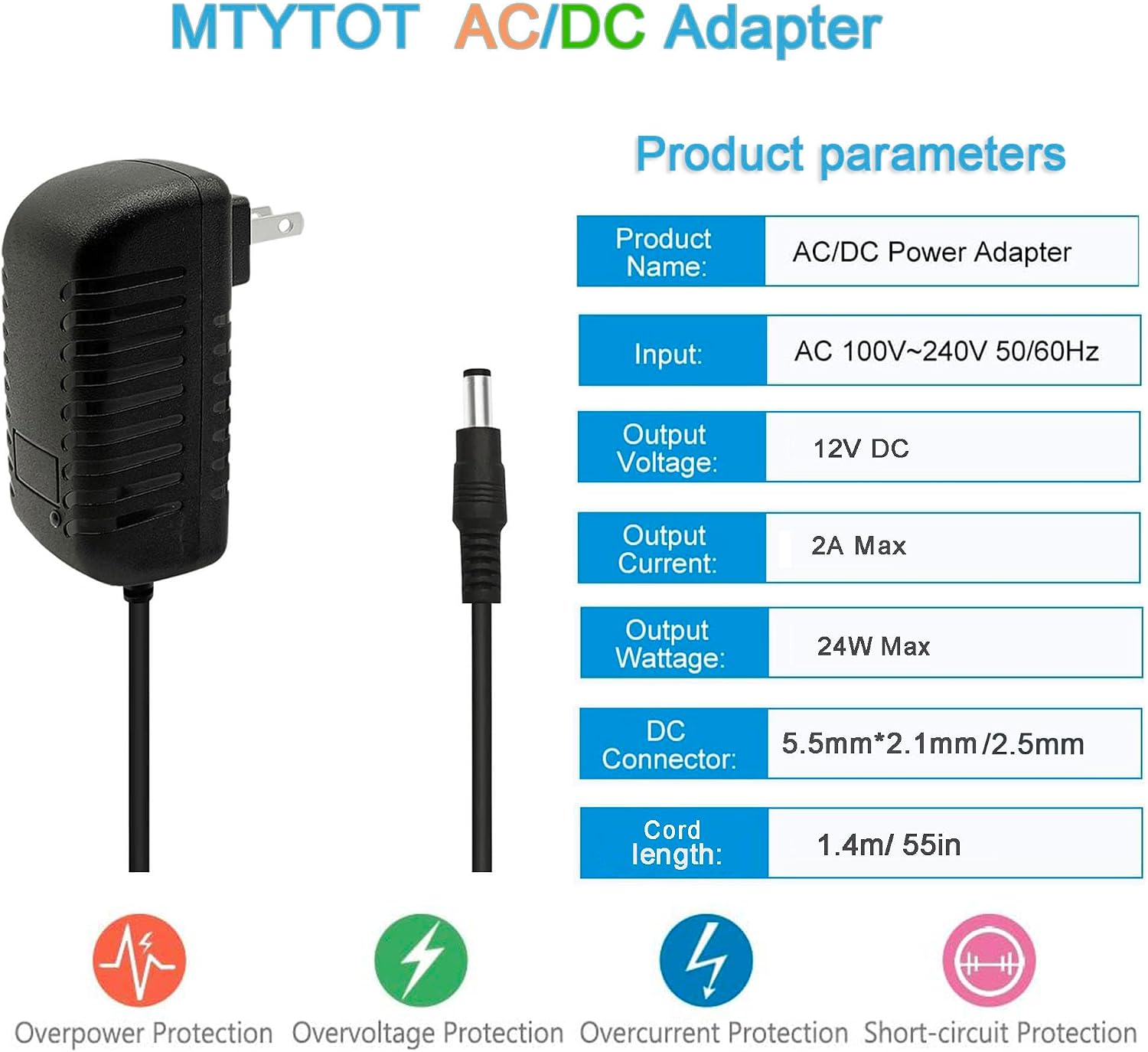 DC 12Volt 2A Power Supply Adapter 24W AC DC Wall Adapter 100-240V AC to DC 12V 2A 1.5A Power Adapter Cord Converter with 5.5mm x 2.5mm Compatible with 5.5x2.1mm Tip 12V ac/dc Transformer