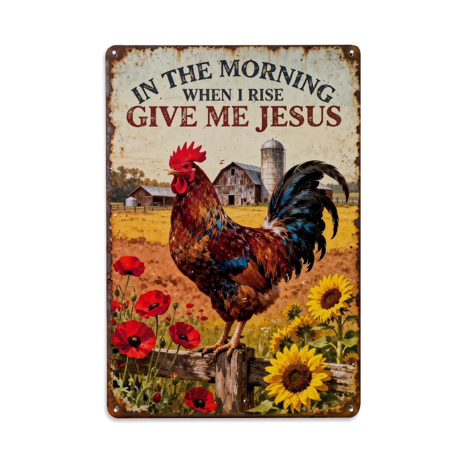 Nestemfo Vintage Rooster On Farm Fence Morning Tin Sign Metal Sign, Living Room,Bar, Home, Bedroom Wall Decor,Retro Metal Poster 8X12 Inches