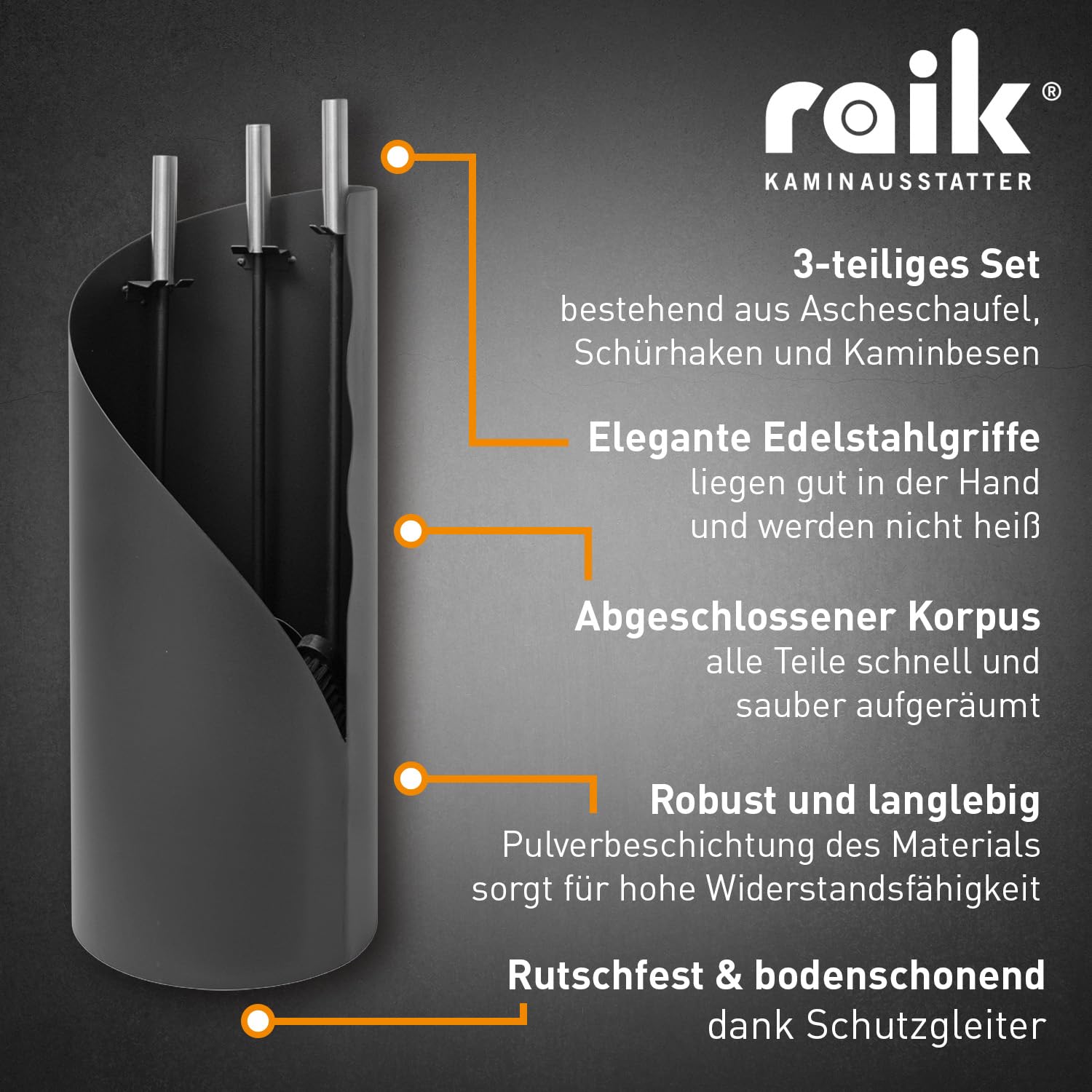 raik Kaminbesteck Fritz 3-teilig aus Stahl Kamingarnitur schwarz mit Edelstahlgriffen Schaufel Besen und Schürhaken minimalistisch und modern 61 cm