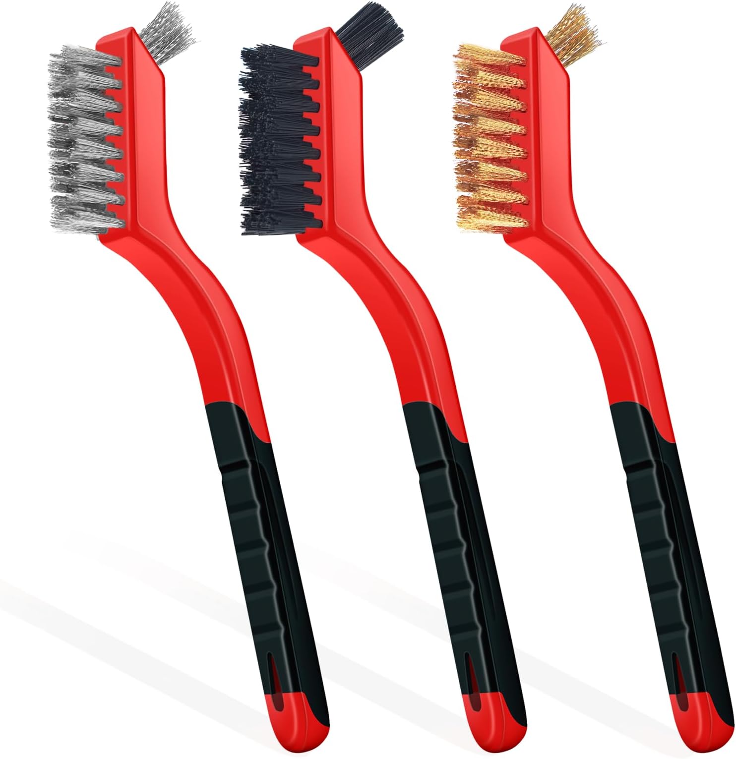 Set of 3 wire brushes, nylon bristles, brass/stainless steel with curved handle, small wire brushes for cleaning rust, dirt and paint, brush