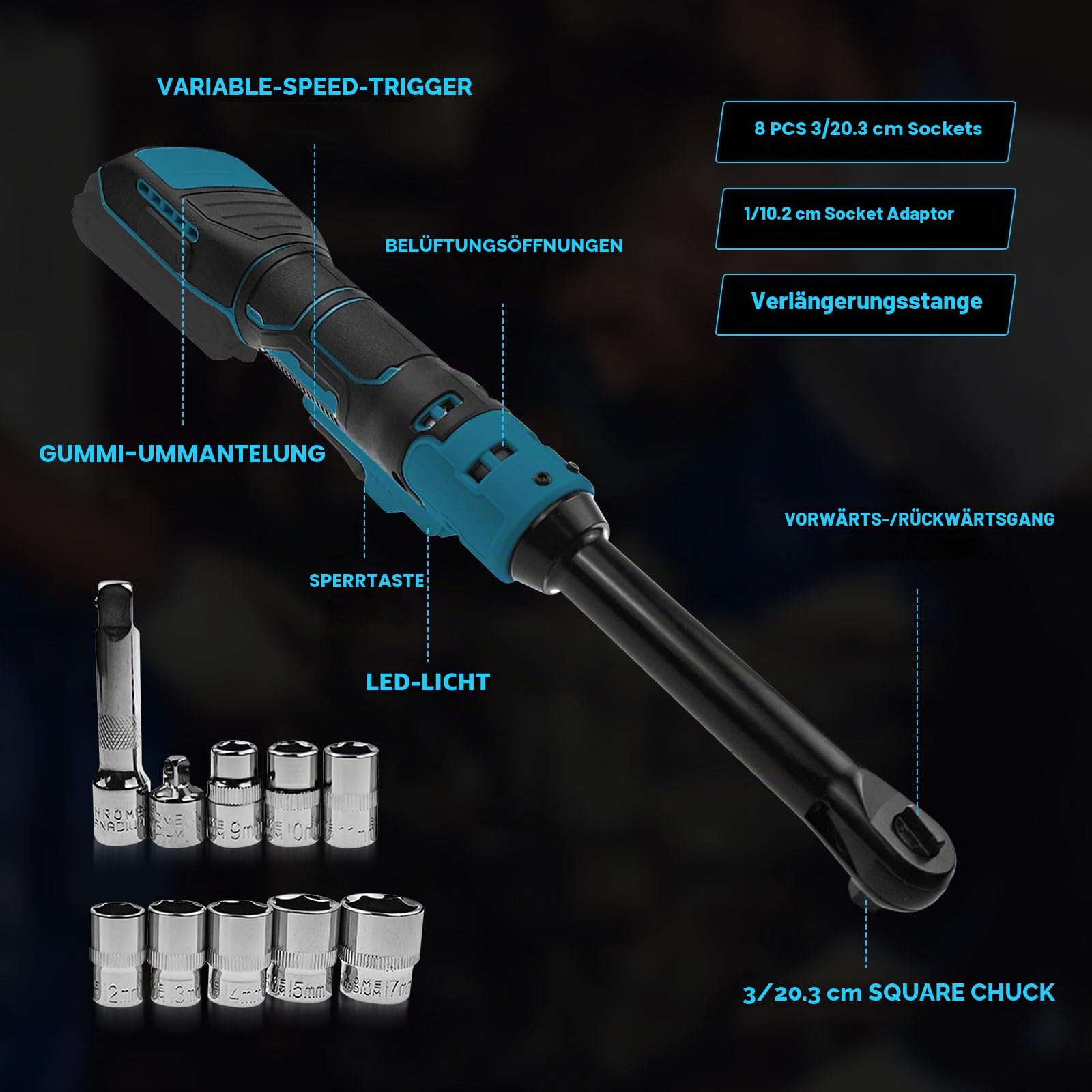 Akku Ratschenschlüssel für Makita 18V Akku, 3/8 Zoll verlängerter elektrischer Ratschenschlüsselsatz mit LED-Licht, 9 10 11 12 13 14 15 17 mm Stecknüssen, 320 U/min, 80 N.m (Keine Batterie)