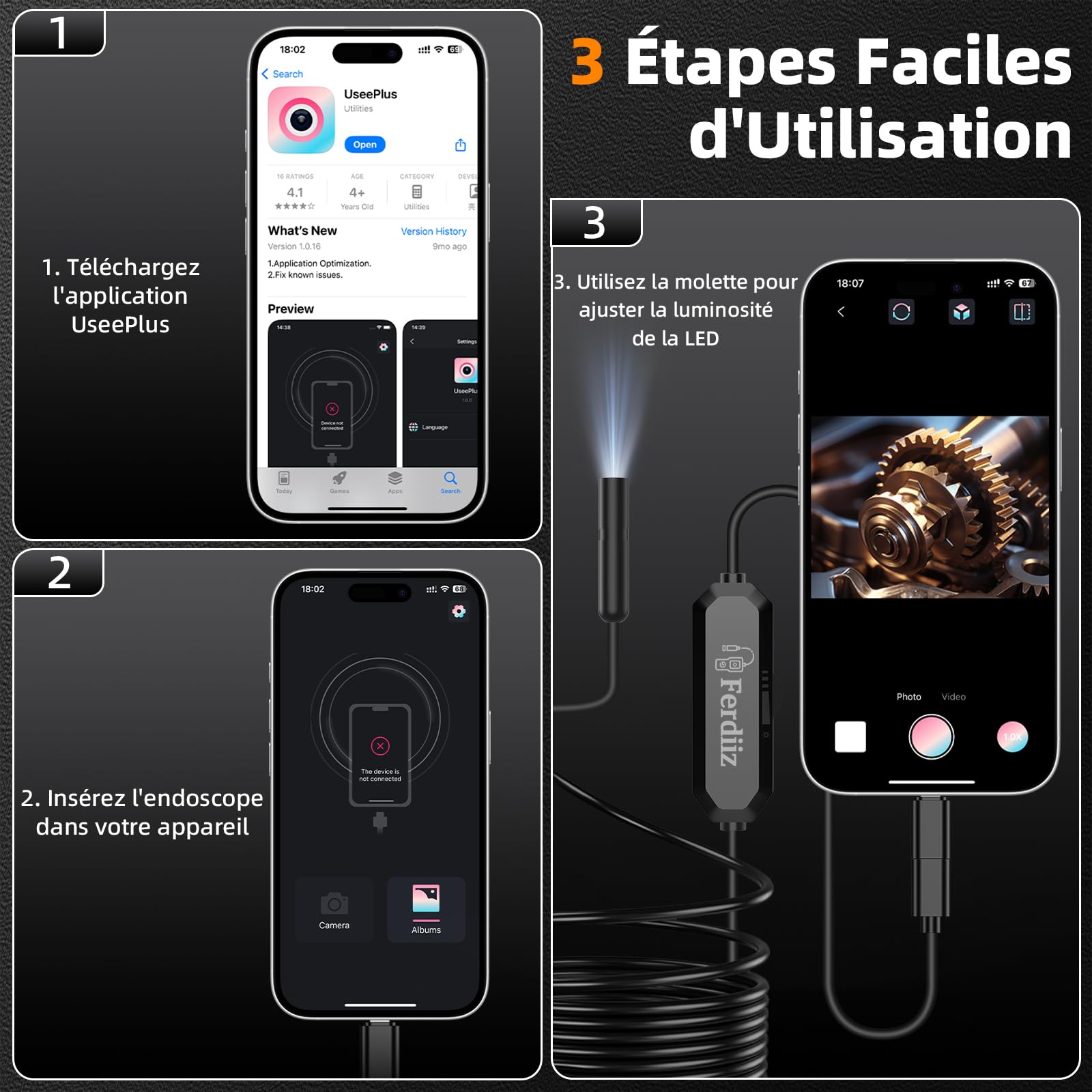 Camera Endoscopique avec Lumière, Endoscope Camera HD 1920P, Caméra de Puits Étanche IP67 5M avec 8 LED, Furet de Dégorgement,Spirale de Dégorgement de Canalisation pour Égouts et Conduites