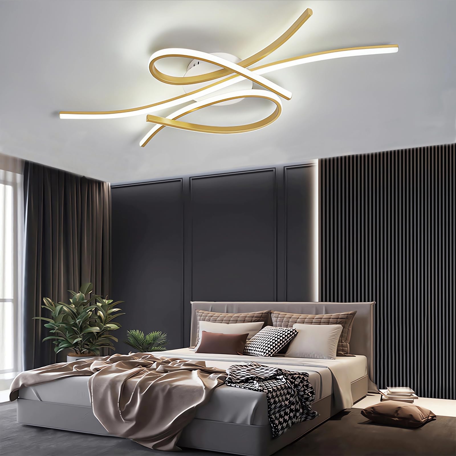 QYSMGS LED Oval Black and Gold Ceiling Lamp with Remote Control - Modern Flush Mount Dimmable Ceiling Lights for Living Room, Bedroom, Dining Room, Kitchen Island (Gold, 80CM)