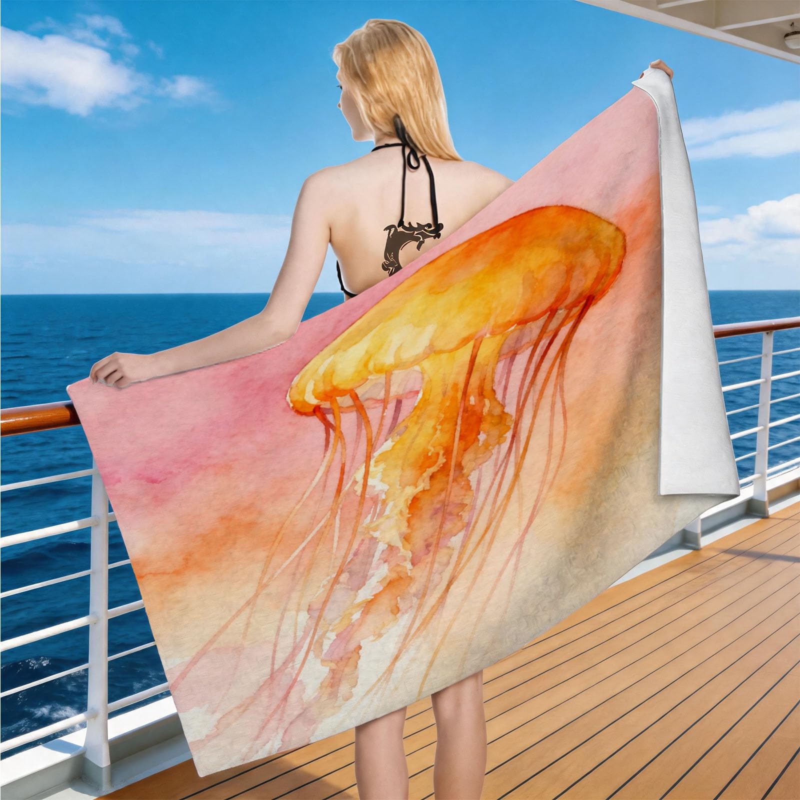 Hongduo Microfiber Quick Dry Beach Towel Watercolor Jellyfish, 3D Sea Creature Beach Towels Absorbent Fast Drying Bath Towels, Travel Camping Gym Swimming Bathroom (90x180cm)