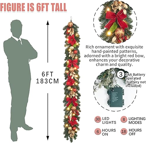 Miniatura 7 de Guirnalda de Navidad preiluminada, 6 pies, rojo y dorado, 25 luces LED, funciona con pilas, temporizador, nochebuenas, decoración invernal, para