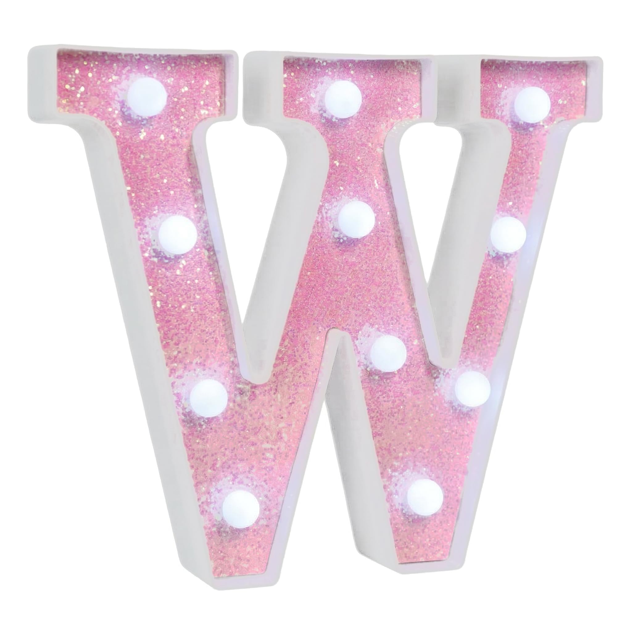 EUFONY LED Pink Glitter Marquee Light Up Letter W, Cool White Lights Alphabet Letters for Girls' Bedroom, Wall & Table Decor, Battery-Powered Letter Sign for Birthday Party, Wedding, Room Decorations
