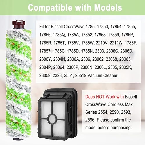 Miniatura 2 de Paquete de 8 piezas de repuesto para aspiradora Bissell CrossWave Pet Pro 2306A y CrossWave serie 1785 3888A, 4 rollos de cepillo 2460, 4 filtros