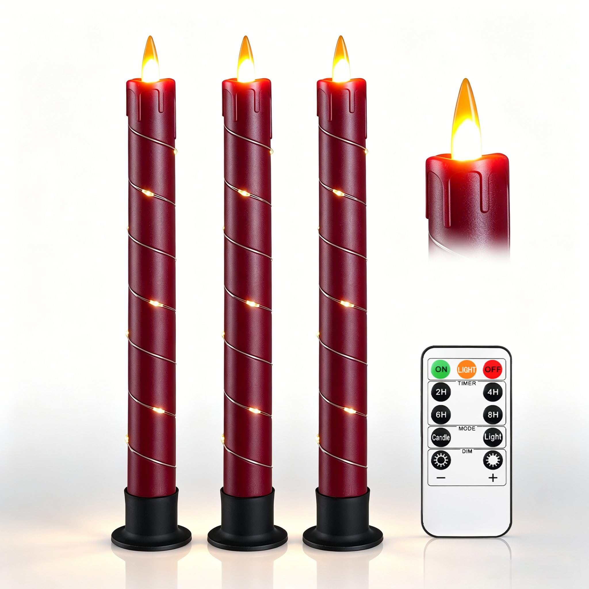 Da by Paquete de 3 velas cónicas rojas sin llama, velas LED realistas con cadena de luces de hadas, control remoto, funciona con pilas, luces parpadeantes para Navidad, boda, decoración del hogar