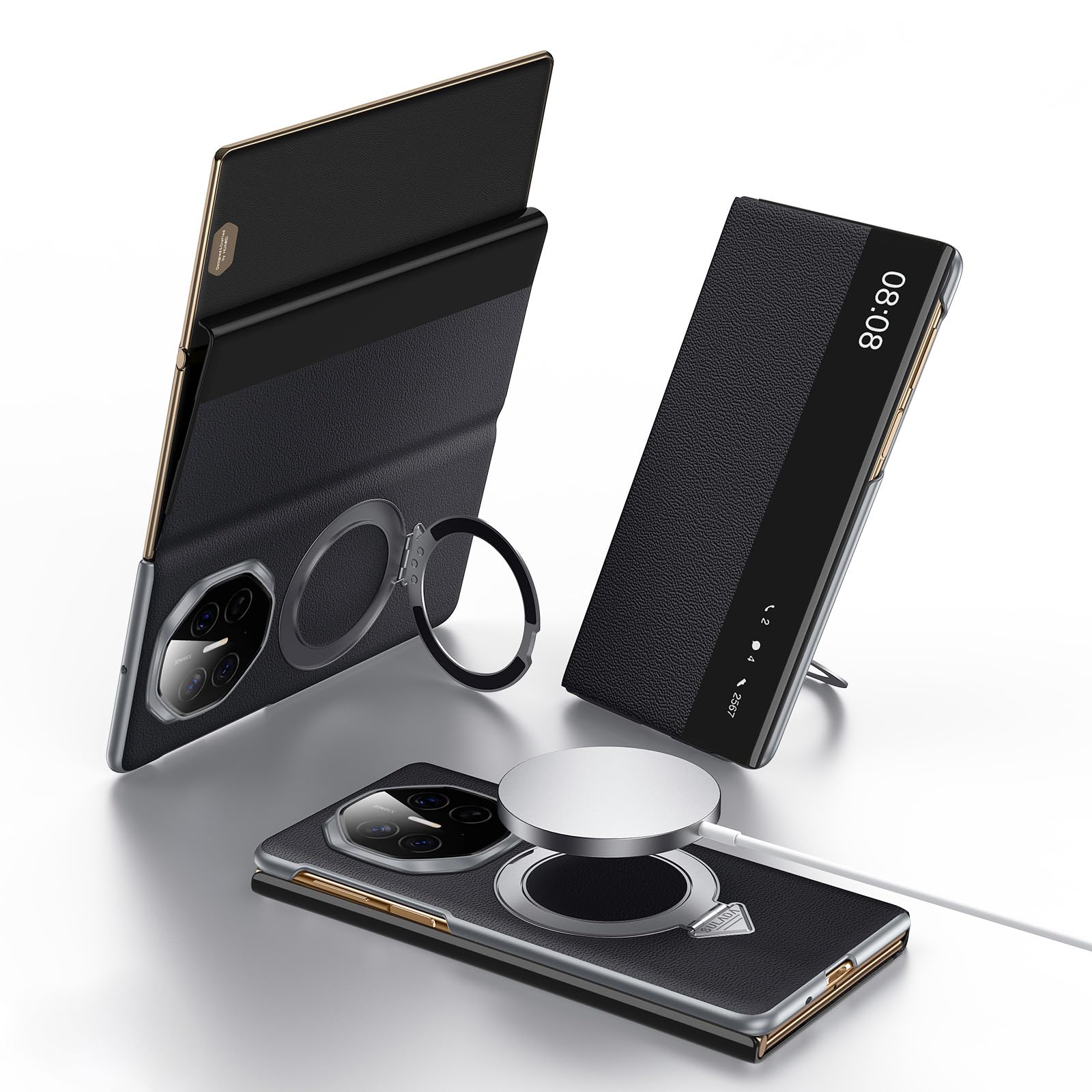 Kompatybilne z Huawei Mate XT etui Smart Clear View Case [kompatybilne z Mag-Safe] [z regulowanym stojakiem pierścieniowym] smukłe etui z prawdziwej skóry portfel z klapką, ochronne, odporne na