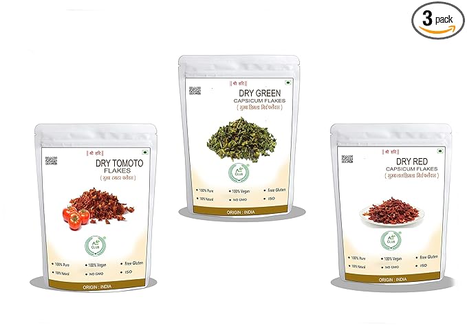 Agri Club Dry Red Capsicum Flakes 200gm, Dry Green Capsicum Flakes 200gm, Dry Tomato Flakes 200gm, Combo Pack of 3