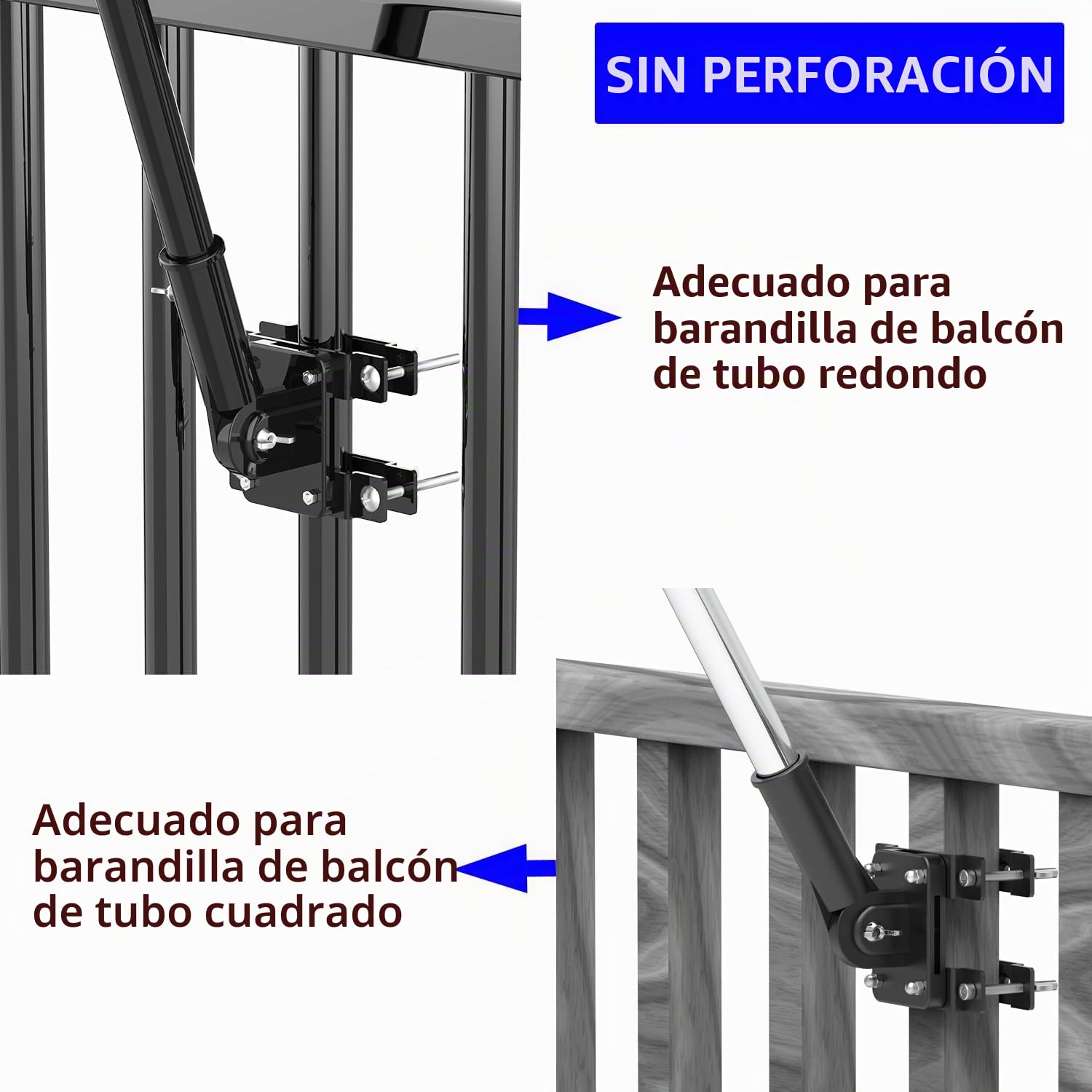 Soporte para mástil de bandera sin perforación para barandilla de balcón, soporte para mástil de bandera perfecto para porche y valla, se adapta a barandillas redondas y cuadradas con parches de