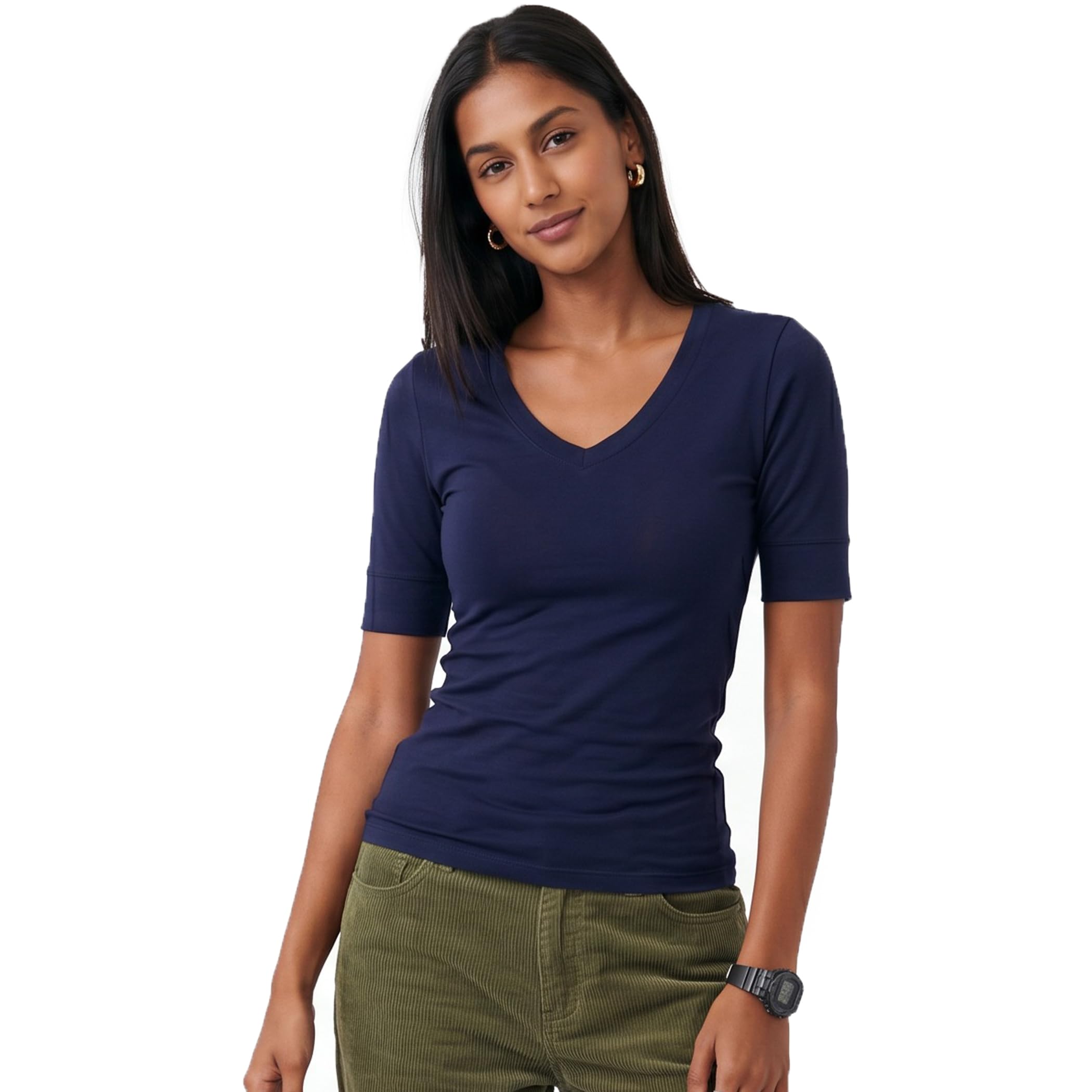 Women's Slim Athletic Fit Vneck Tshirt Half Sleeves Top