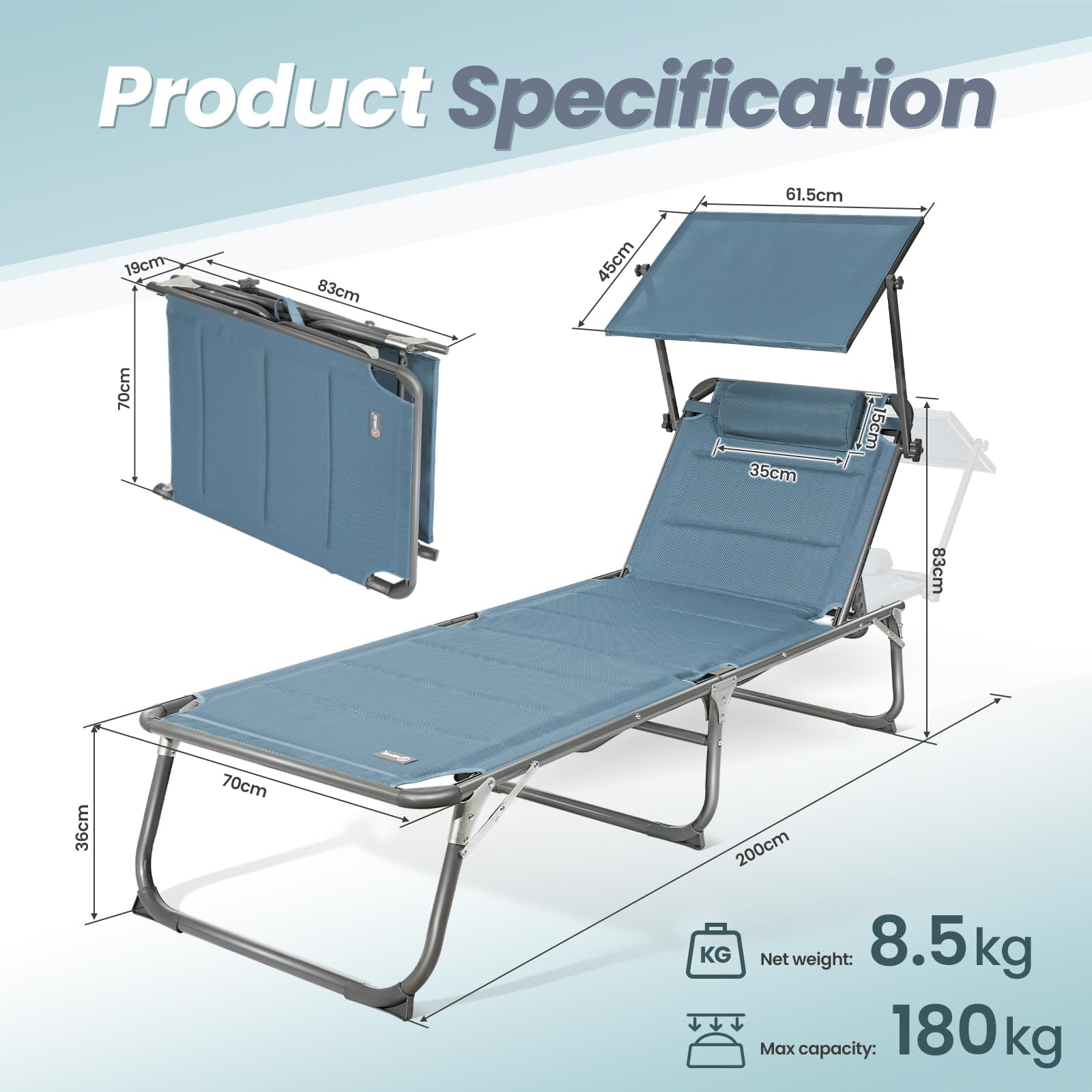 Homecall XXL Aluminium Sun Lounger with Sun Roof Three-Legged Beach bed 200x70 cm Maximum Load 150 kg, Red textilene, Quick Dry Foam