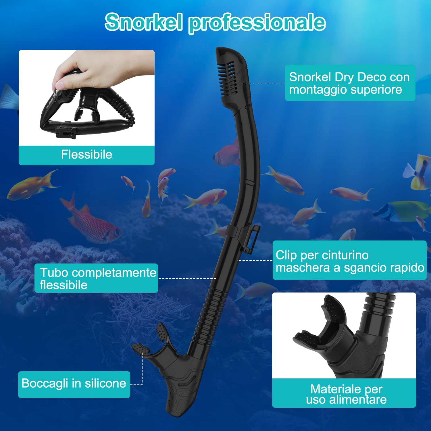 Set per Snorkeling Adulti con Maschera e Boccaglio, Maschera Subacquea Adulti, Subacquea Maschera Boccaglio, 180°, Panoramica, Anti-perdite, per Snorkeling Nuoto e Immersioni