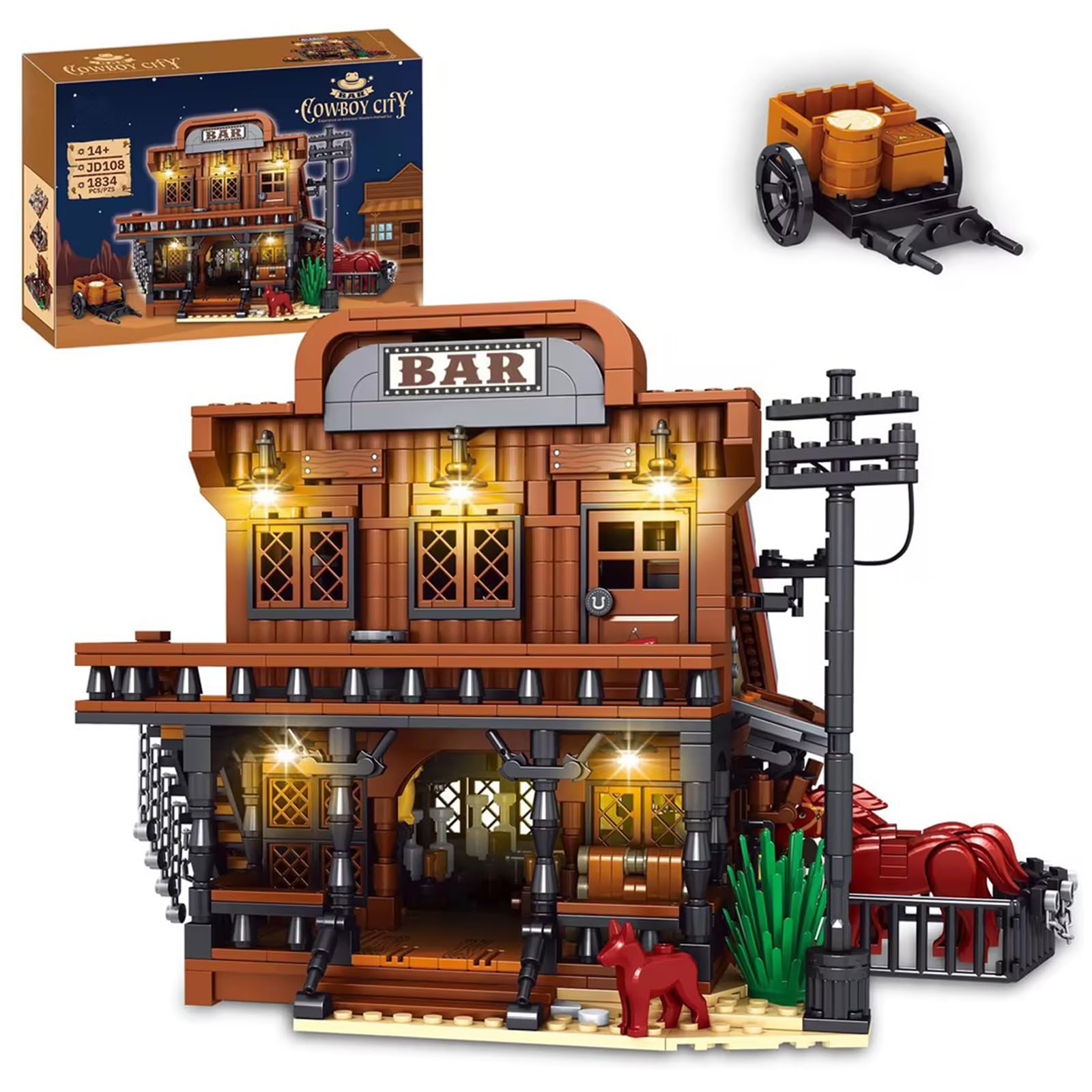 Western Cowboy Bar Modular Building Set, 1884 Teile Westernstadt Architektur mit Ställe und Pferde, Old West Klemmbausteine Haus, Sammlermodell für Erwachsene & Geschenk