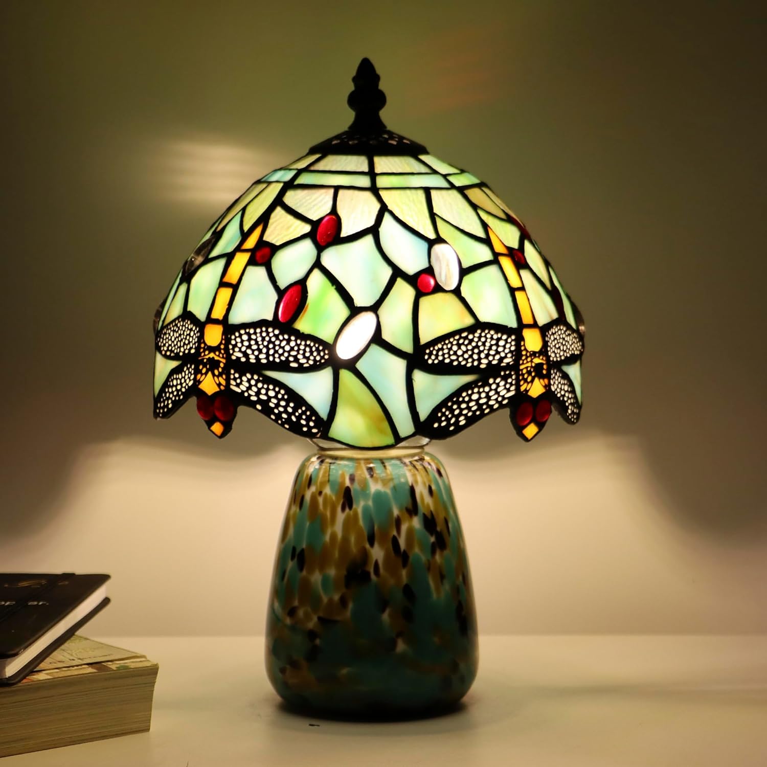 Tiffany Mushroom Table Lamp Dragonfly Style Blue Stained Glass Accent Lamp Brown Blue Glass Base 8X8X12 Inch
