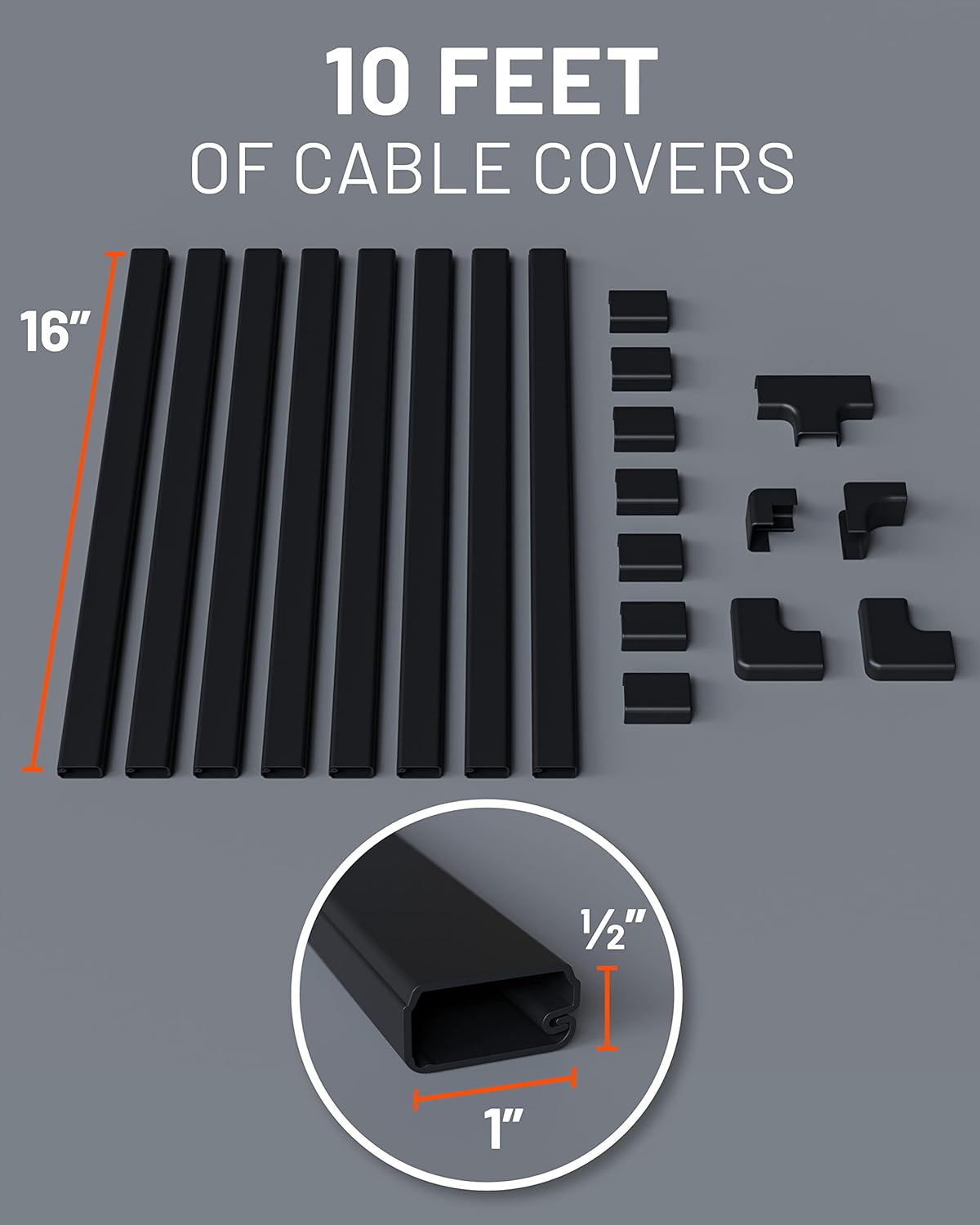 ECHOGEAR Cord Cover Raceway Kit - Peel & Stick Channel with 10' of Cable Hiders - Includes Connector Pack to Customize Your Cable Management - Black