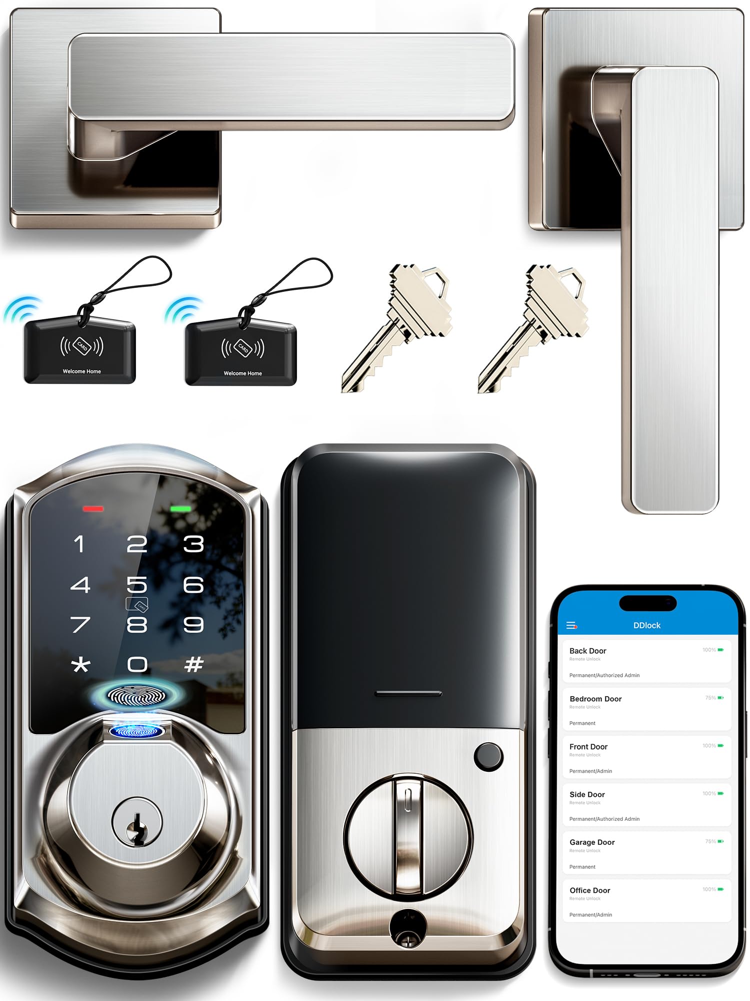 VE07-L Fingerprint App Control Smart Locks with Heavy-Duty Zinc Alloy Handles, Keyless Entry for Front Door, Digital Electronic Touchscreen, Auto Lock, Waterproof, Easy Install, Satin Nickel