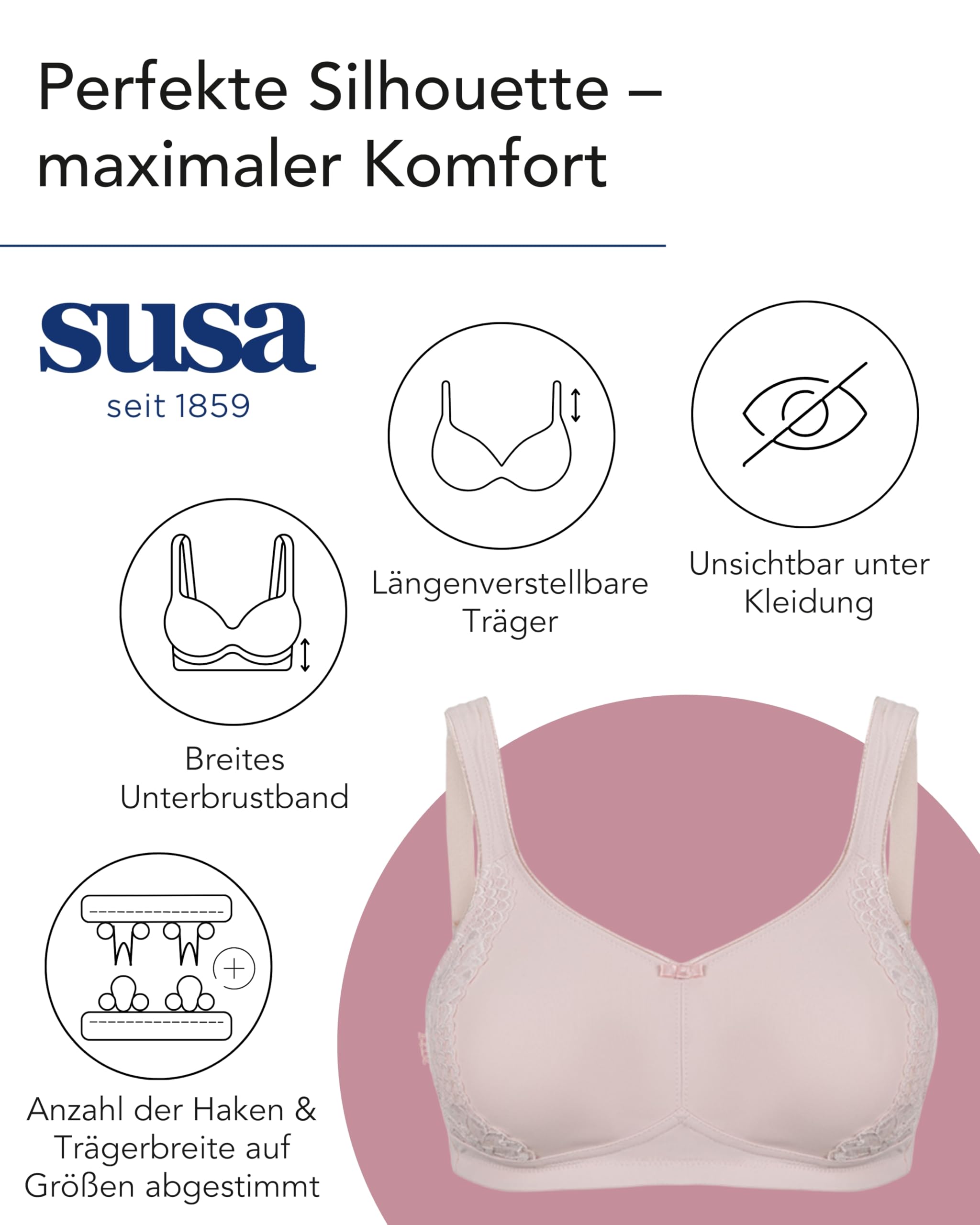 SUSA Minimizer BH Damen ohne Bügel I London I Damen-BHS mit Minimizer Schnittform, verkleinert die Brüste optisch I Gemoldete Cups, breite Träger