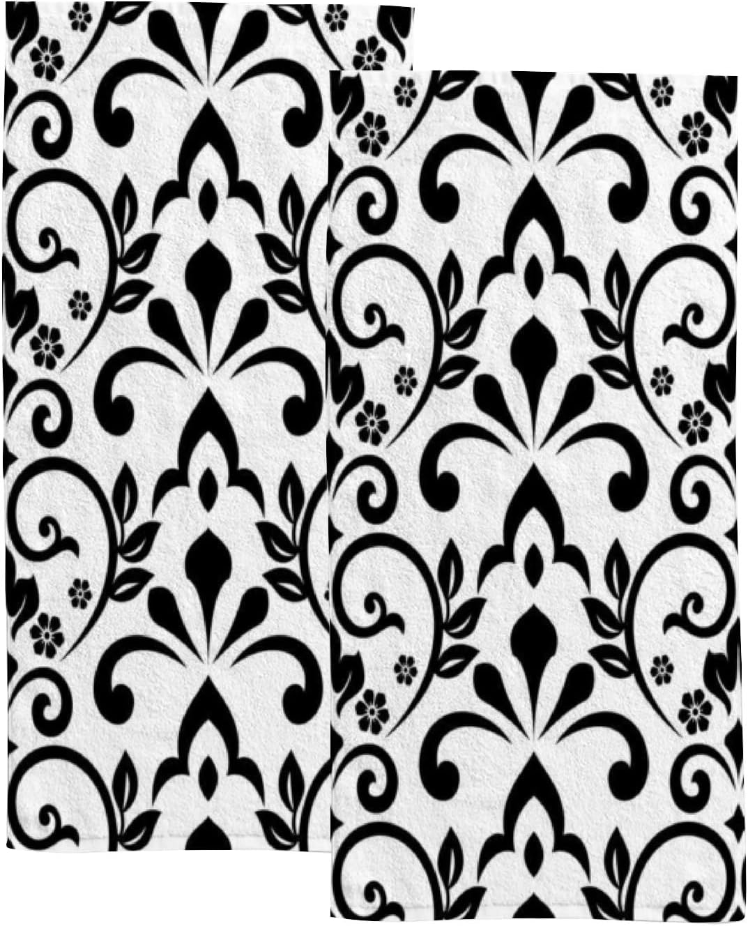 Hand Bath Towels for Bathroom Set of 2 Abstract Luxury Flowers Pattern Black White Shower Towel Water Absorbent Soft Microfiber Face Body Towel Kitchen Gym Spa Salon 30x15Inches