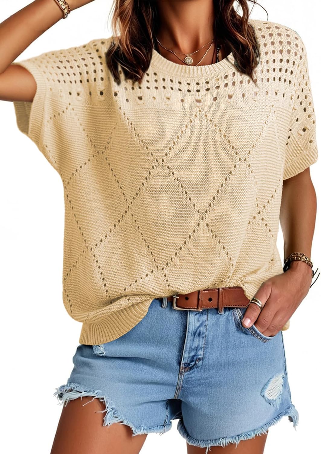 Dokotoo Women's Casual Crew Neck Short Sleeve Sweater Crochet Hollow Out Lightweight Sweaters Tops Fashion Clothing Outfits