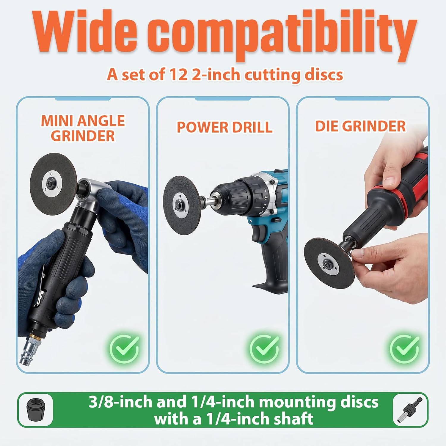12 Pack 2-Inch Die Grinder Cut Off Wheels with 1/4" Shank Mandrel, 2" Metal Cutting Discs with 3/8" Arbor Hole, Heavy Duty Cutting Wheels for Air Die Grinder, Electric Drill & Rotary Tools