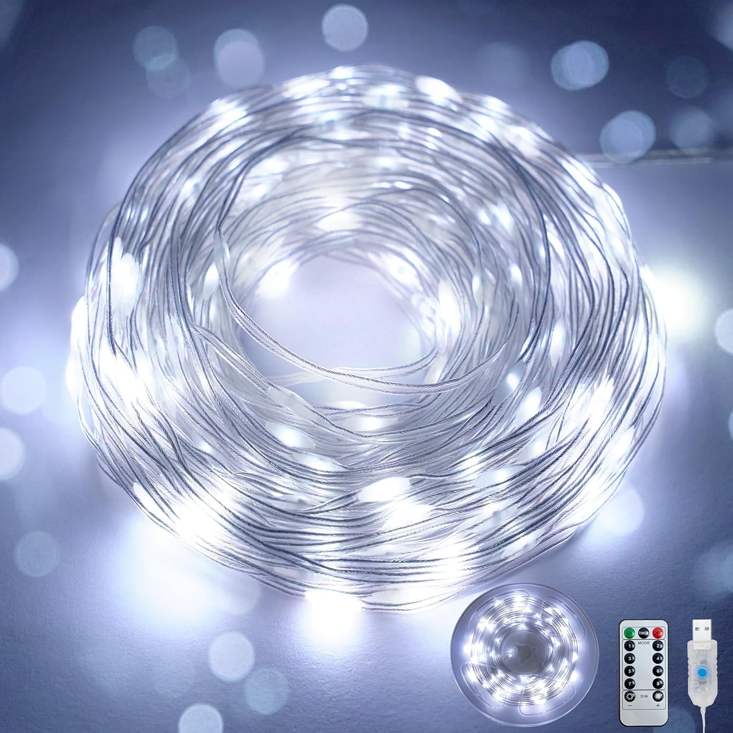 Clearhill Cool White Fairy Lights 10M/32 Ft Coolwhite 100Led Usb Soft Wire String Lights, Waterproof With Remote & Timer, 8 Modes Lights For Bedroom, Christmas Tree, Indoor Outdoor Decoration