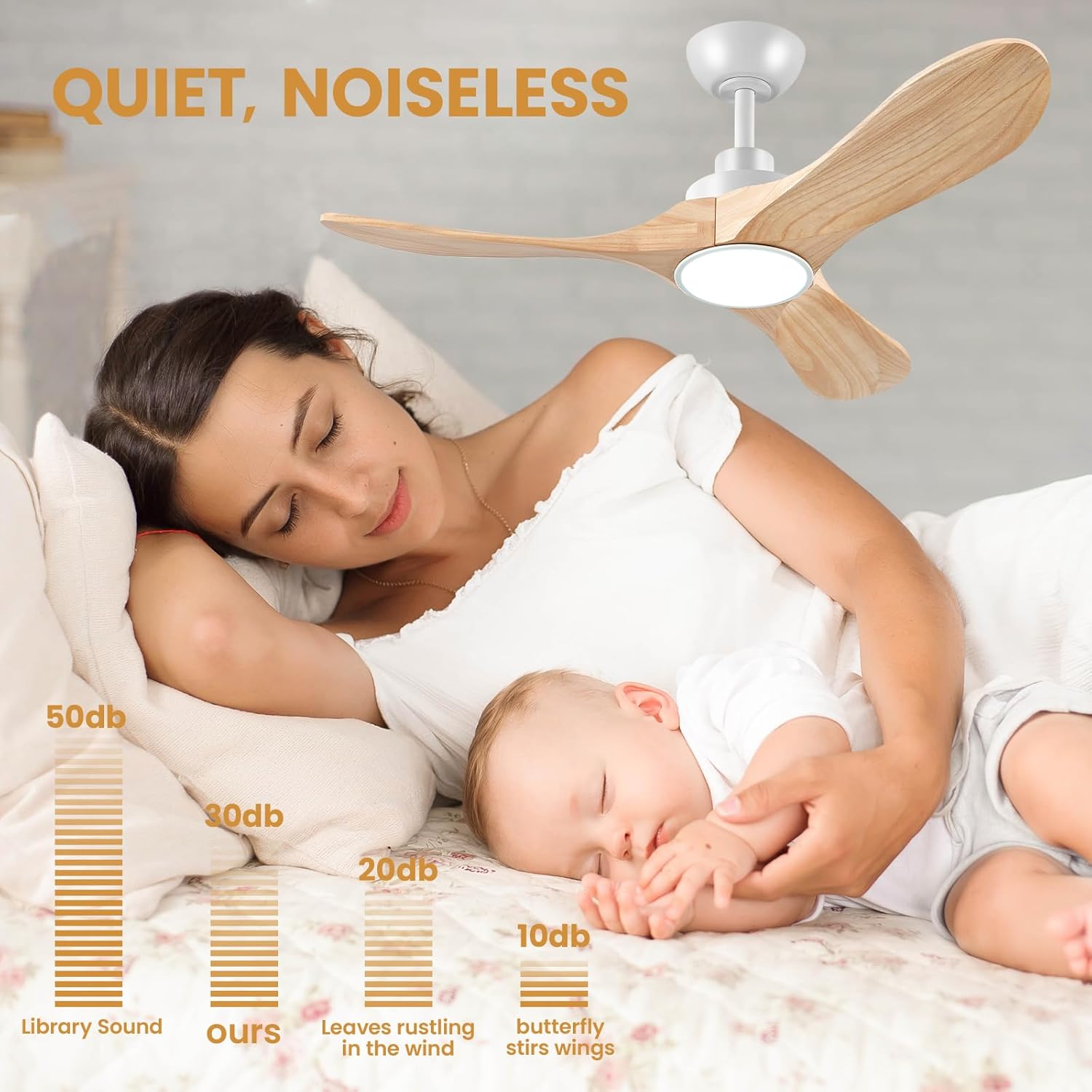 Ceiling Fans with Lights 52 inch Low Profile Wood Ceiling Fan with Light and Remote,Reversible Rotation, Noiseless, 6 Speeds, 3CCT Dimmable, Timed Switch Control for Bedroom Living Room Patio