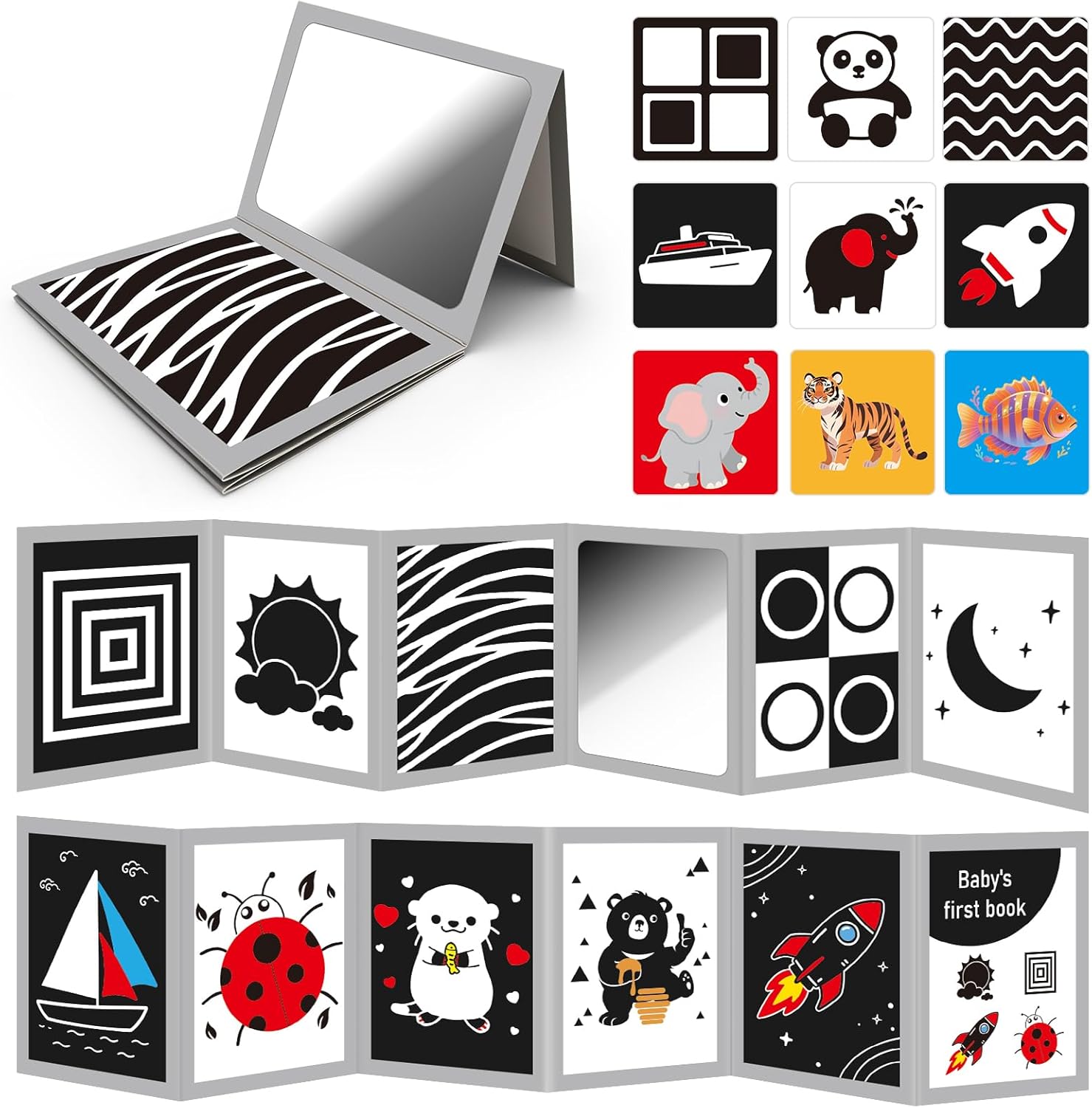 Tummy Time Toys with Baby Mirror & 9 Black White Contrast Cards, High Contrast Baby Book,Newborn Toys 0-3 6 Months for Visual Stimulation, Brain Development, Tummy Time Essentials