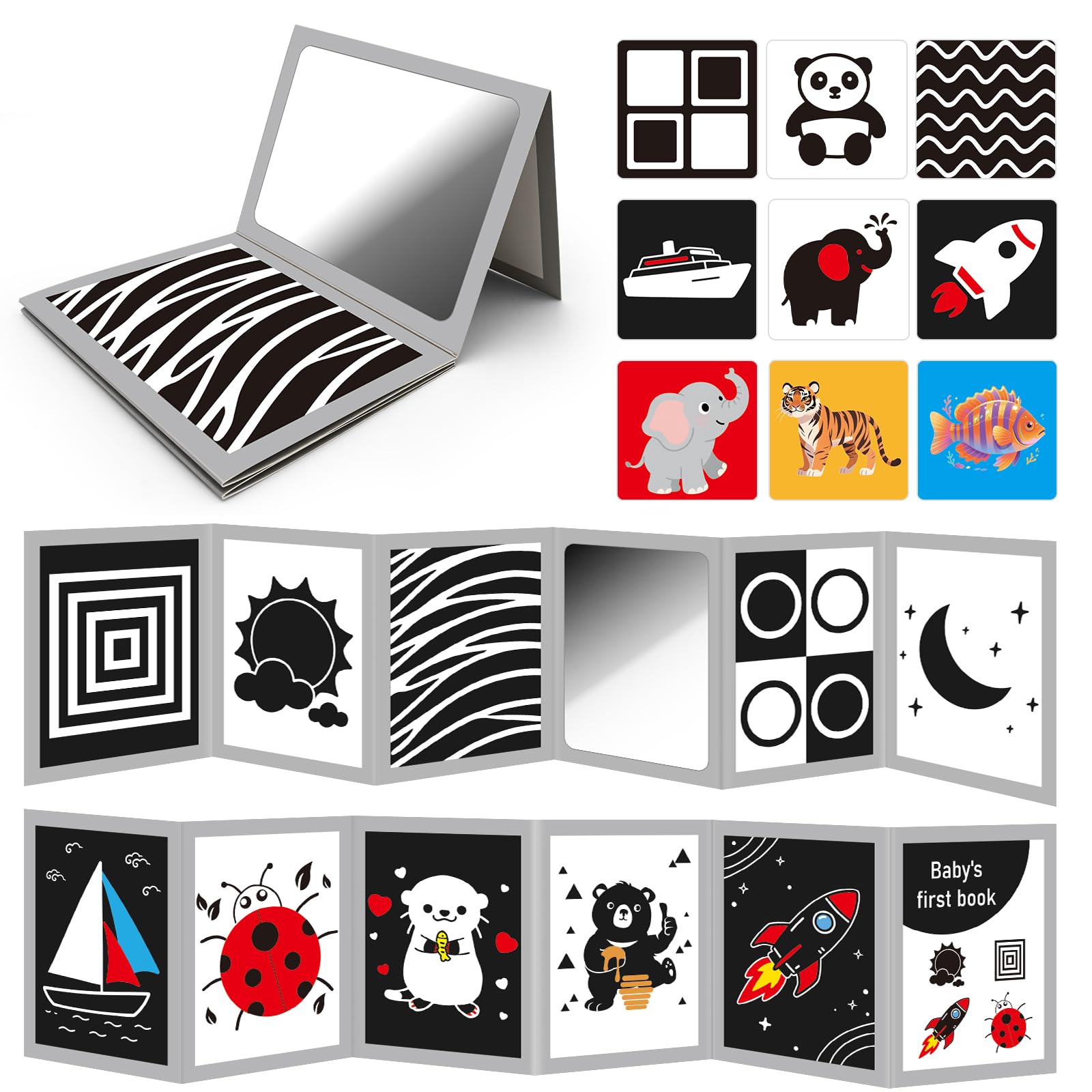 DFQiQiQinH Tummy Time Toys with Baby Mirror & 9 Black White Contrast Cards, High Contrast Baby Book,Newborn Toys 0-3 6 Months for Visual Stimulation, Brain Development, Tummy Time Essentials