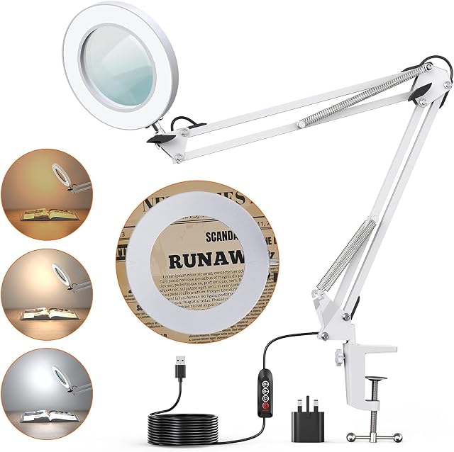 5X Magnifying Lamp, BEIGAON Desk Magnifying Glass with Light, 3 Color Modes, 10 Brightness Levels, Adjustable Swivel Arm Magnifier Lamp for Reading/Craft/Close Work, 104mm Diameter Glass Lens-White