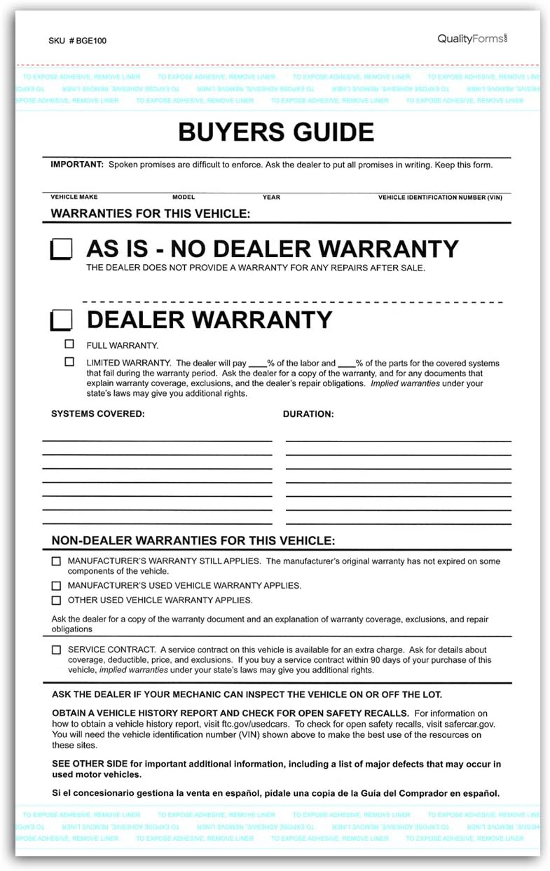 2 Part Dealer Buyers Guide Form, English Format - As is - No Dealer Warranty/Dealer Warranty (200)