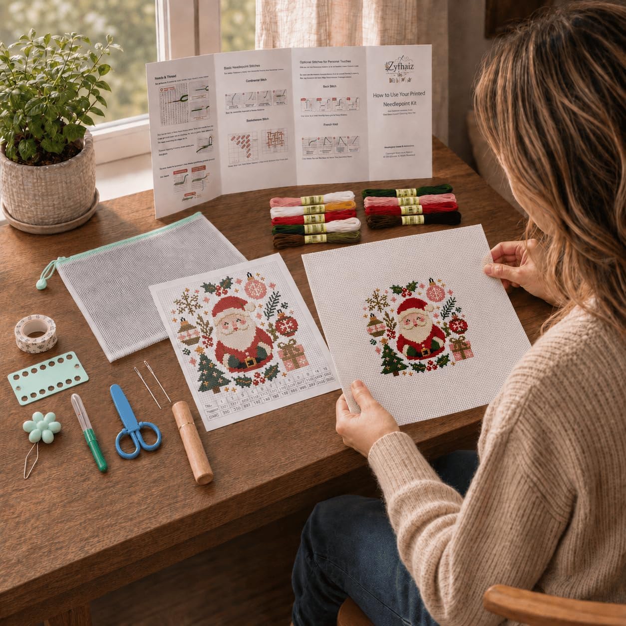 Zyfhaiz Santa Claus 18 Mesh Needlepoint Canvas Kit, 8 Inch Starter Kit