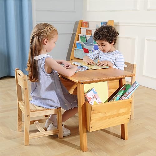 Miniatura 2 de Kids Solid Wood Table and 2 Chair Set with Storage Desk and Chair Set for Children Toddler Activity Table (Solid Wood/Natural) Natural,Bianca Blanco