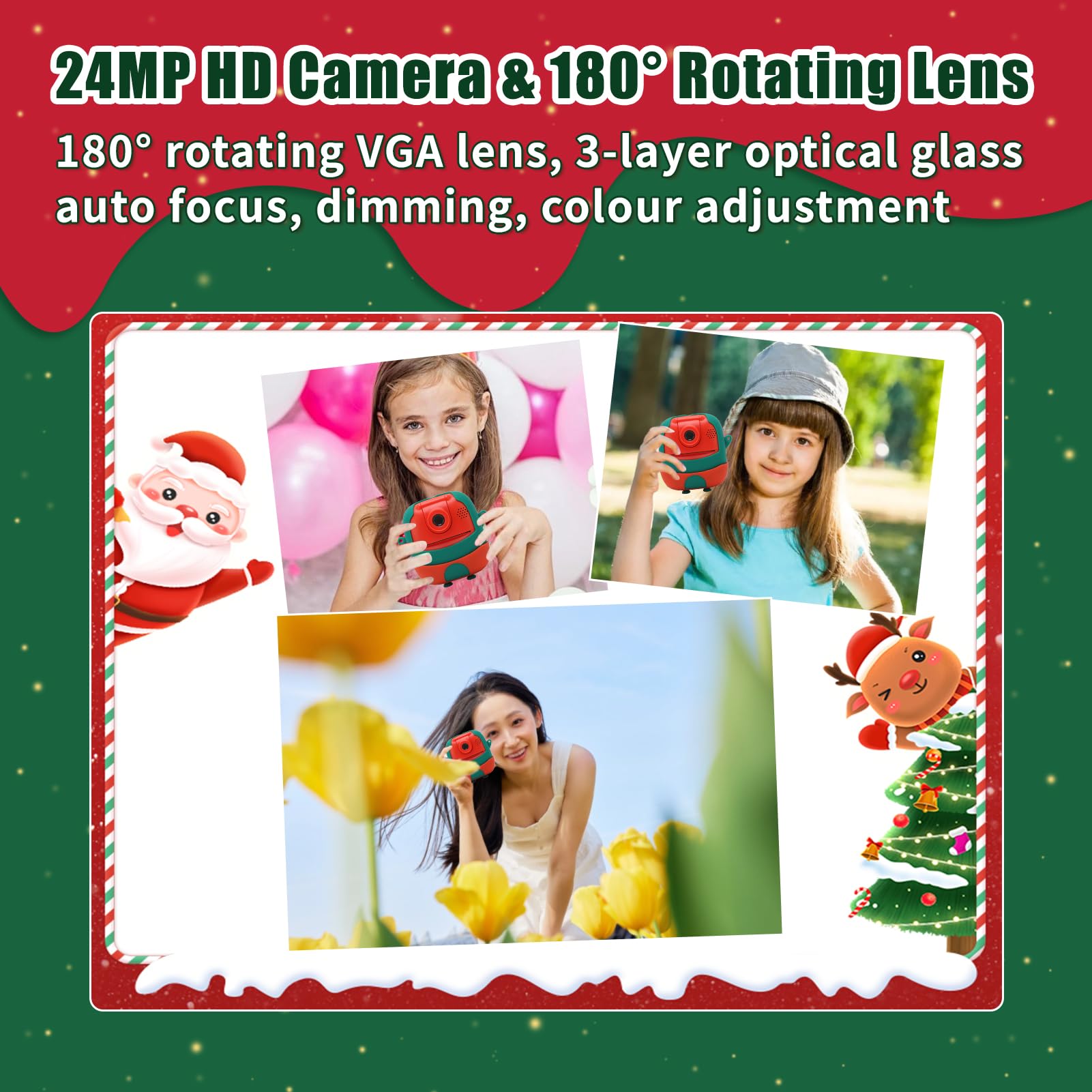 Macchina fotografica di stampa istantanea per i bambini, 24MP & 1080P bambini fotocamera digitale, Natale regalo di compleanno per la ragazza ragazzo età 3-12, stampa foto in bianco e nero (Natale)