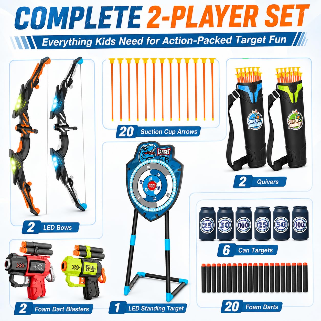 Kit de tir à l'arc LED pour enfants de 4 à 12 ans – Comprend un arc et des flèches, cible debout – Jouet de sport de plein air parfait pour garçons et filles (bleu/vert)