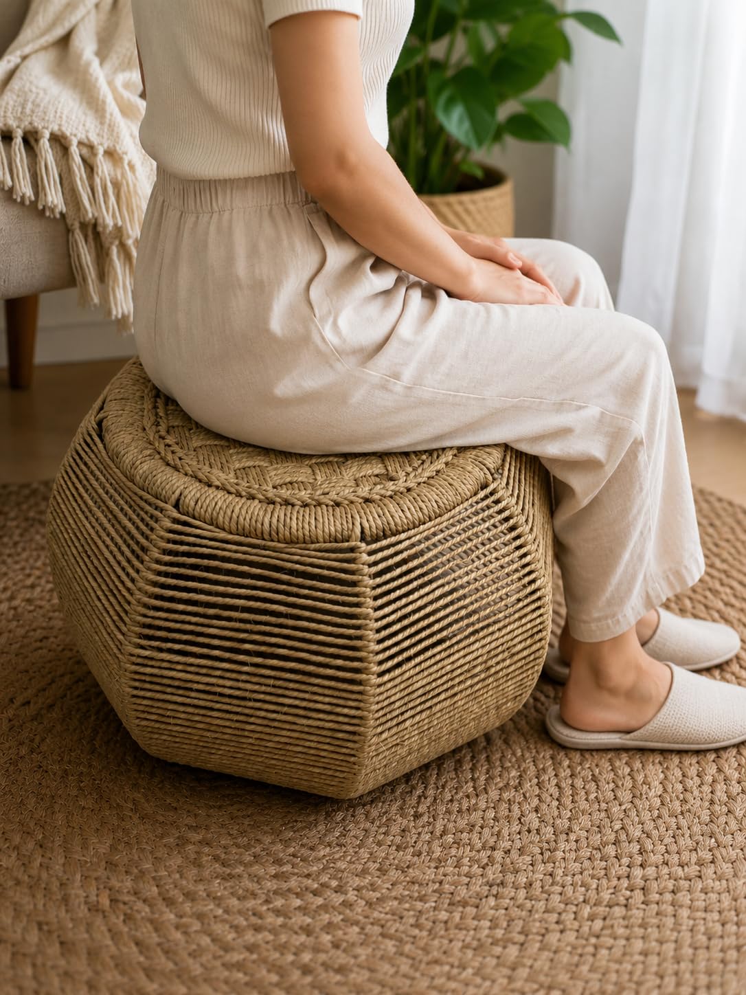 The Desi Thath Handmade Jute Rope Mudda Stool | Natural Cane & Woven Jute Ottoman Footrest | Boho Floor Seat & Meditation Stool | Eco-Friendly Pouffe for Living Room, Balcony & Garden | The Desi Thath Handmade Jute Rope Mudda Stool | Natural Cane Ottoman Footrest | Boho Floor Seat Pouffe-image-4