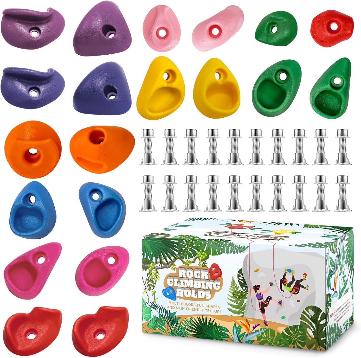 Pseul 20PCS Rock Climbing Holds for Kids, Climbing Rocks for Play Set, Swingset - Adult Rock Wall Holds with Mounting Hardware for Indoor Outdoor Rock Climbing Wall, Bright Color