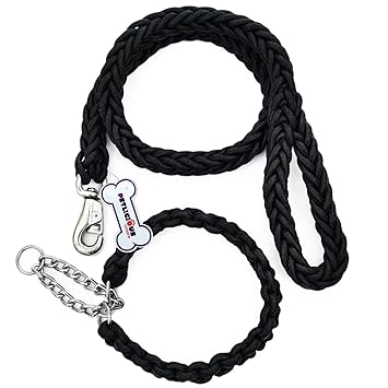 Petlicious & More Nylon Strong Dog Pet Choke Martingale Collar Leash Splitter Coupler with Clip Dog Collar Cord Dog Leash for Maxi and Large Dogs with Extra Strong Brass Snap Hook (Black, XL)