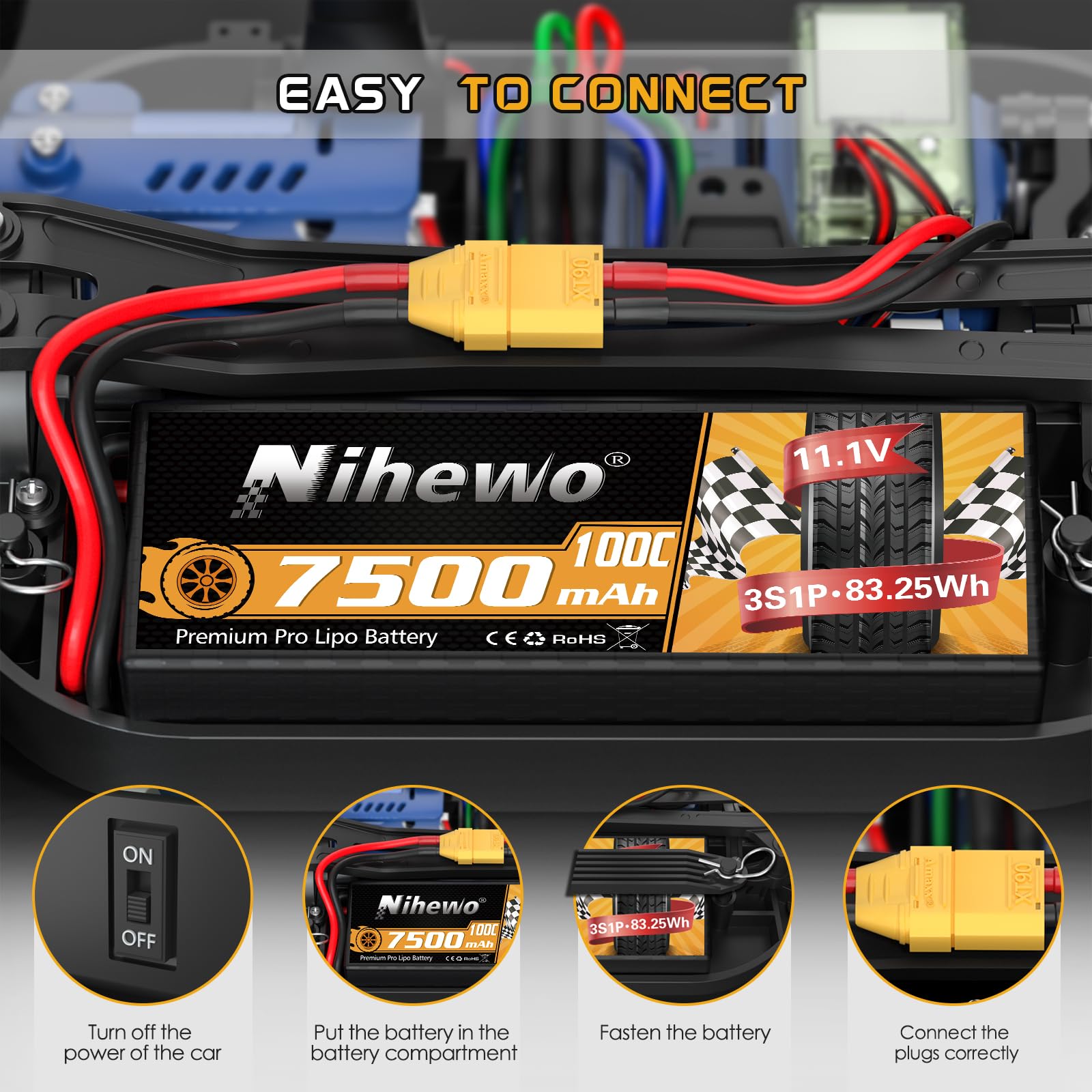 3S Lipo-Akku, 2 Packungen RC-Akku 11,1V 7500mAh 100C 3S Lipo-Hartschalengehäuse XT90-Anschluss kompatibel mit 1/8 1/10 RC-Auto-LKW, Truggy-Fahrzeugen, Tankboot-Flugzeugmodellen