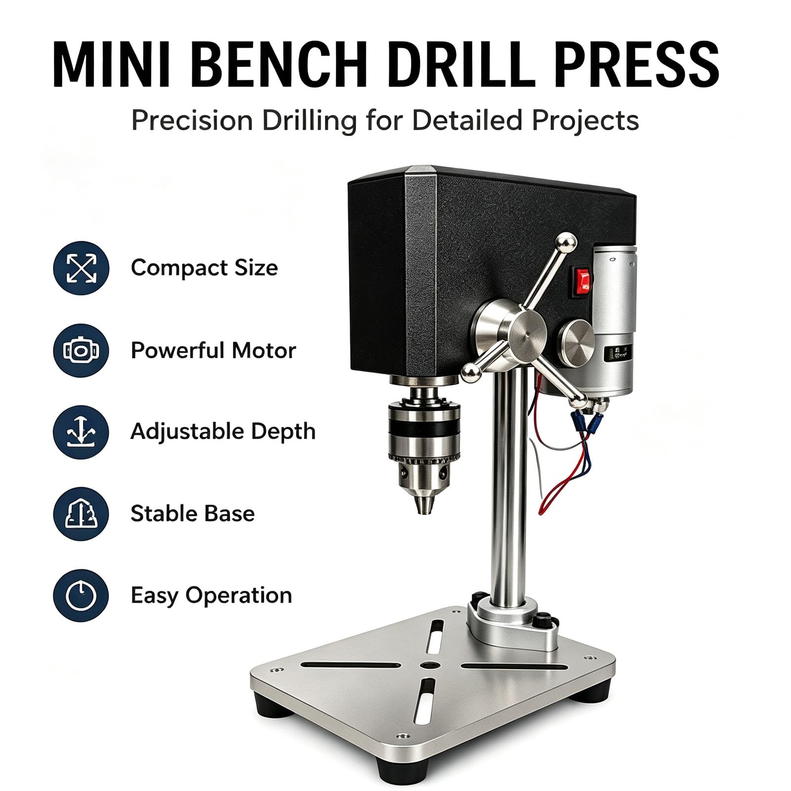 Mini wiertarka stołowa 95 W, maks. 5000 obr./min, regulowany uchwyt o pojemności 6 mm, skok wrzeciona 100 mm, stabilna metalowa podstawa z gniazdami montażowymi, do biżuterii, drewna, plastiku