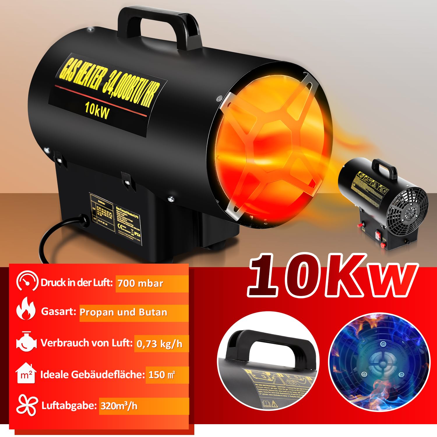 Randaco Regulador de presión de gas 10 kW para botella 700mbar – Calefacción ventilador interior 150 m² para astilleros, almacenes ventilados, garajes