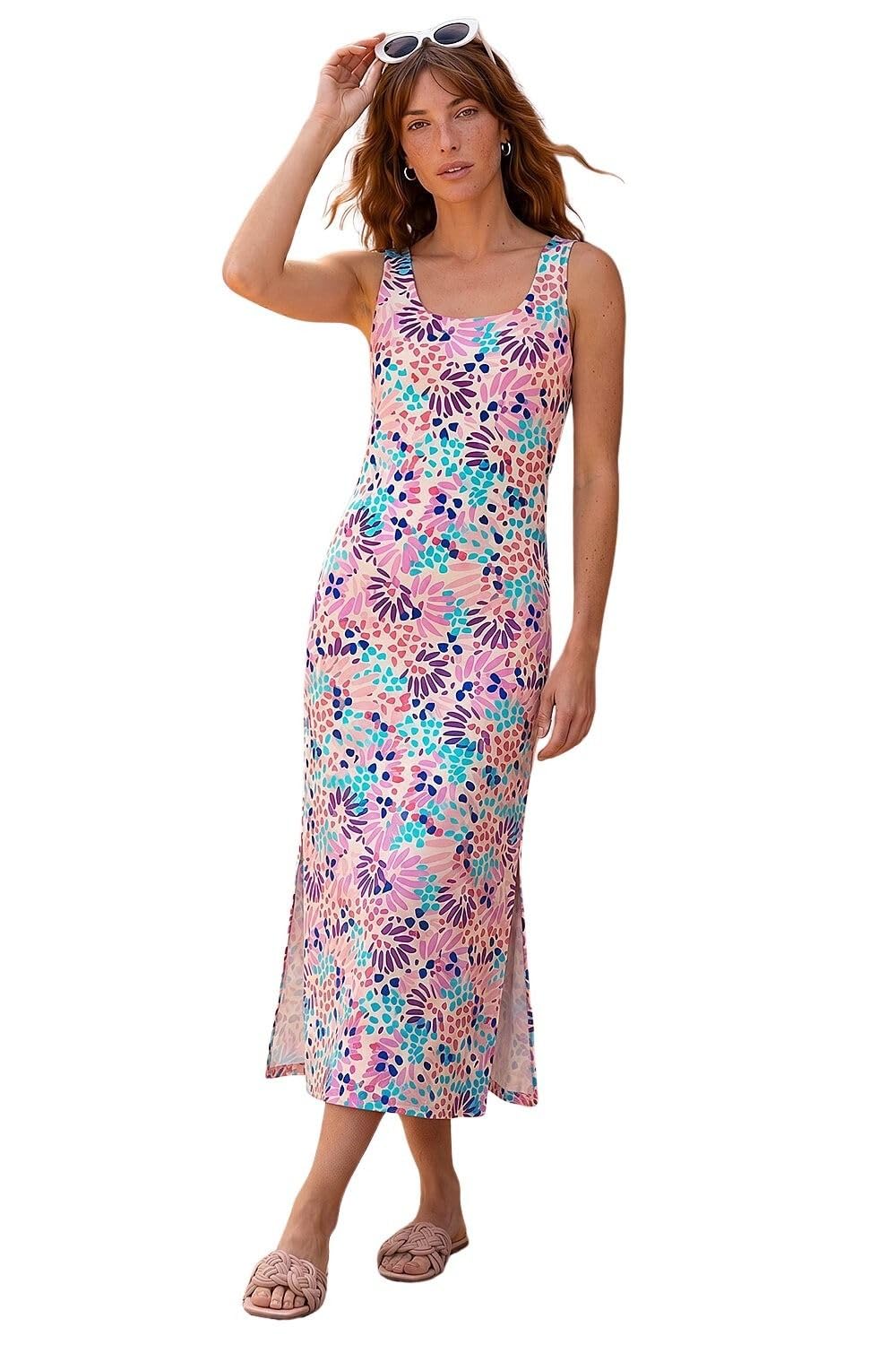 Roman Originals Women's Pink Roman Cotton Speckled Print Midi Dress For Uk - Spring Everyday Summer Holiday Square Neckline Comfy Sleeveless Soft Jersey Frock Day Out Gowns - Size 16